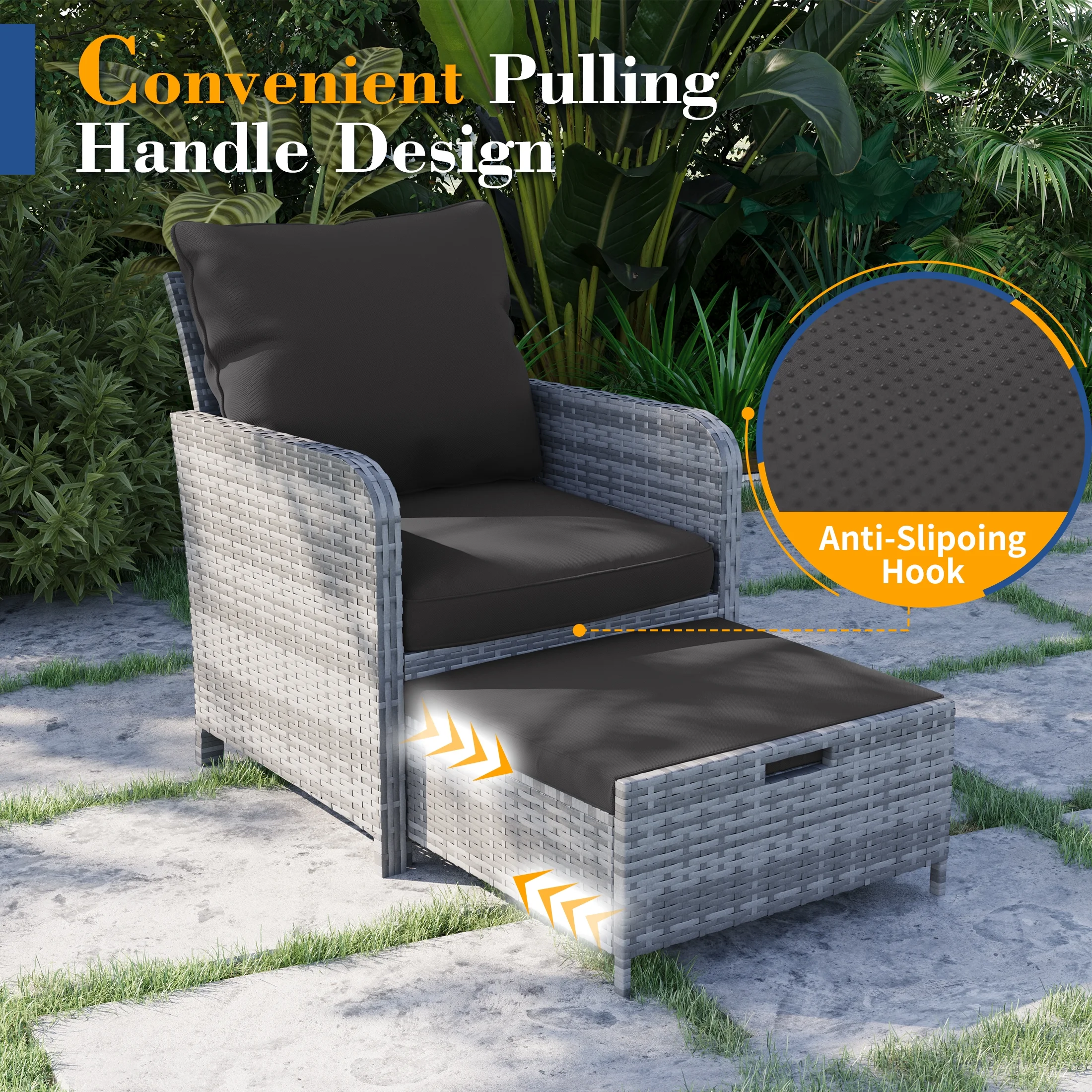 Poteban Balcony Furniture 5 Piece Patio Furniture Set, Outdoor Patio Chair with Ottoman for Front Porch Deck, Wicker Lounge Chair with Side Table, Grey