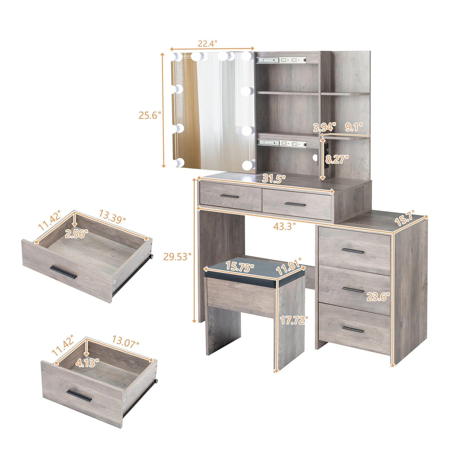 Ktaxon Vanity Set with 3 Color Lighted Mirror & Charging Station, Makeup Table with 3 Storage Shelves & Drawers, Dressing Table Makeup Desk with Stool,Retro Gray