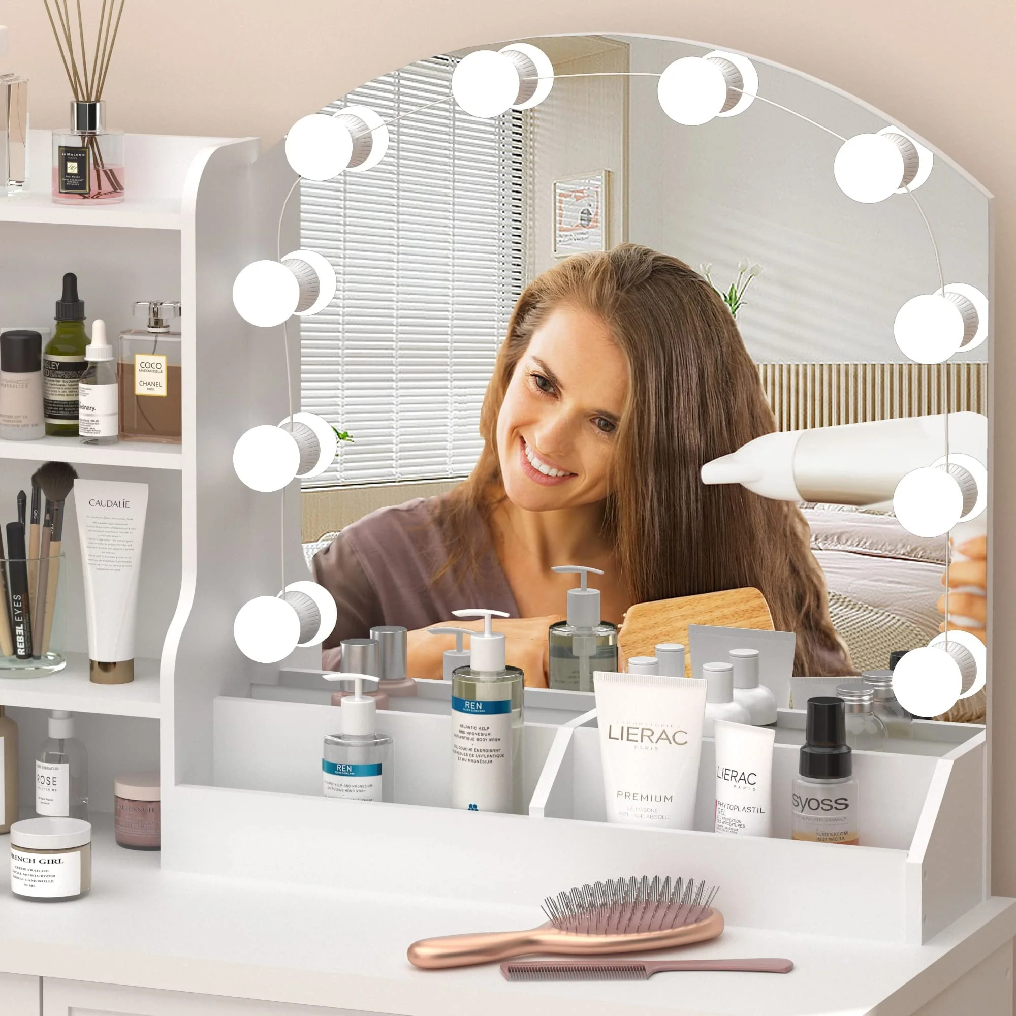 Veanerwood Makeup Vanity Desk with Lights and 4 Drawers, Modern Vanity Table Set, 3 Lighting Colors, 39.4in, White Finish