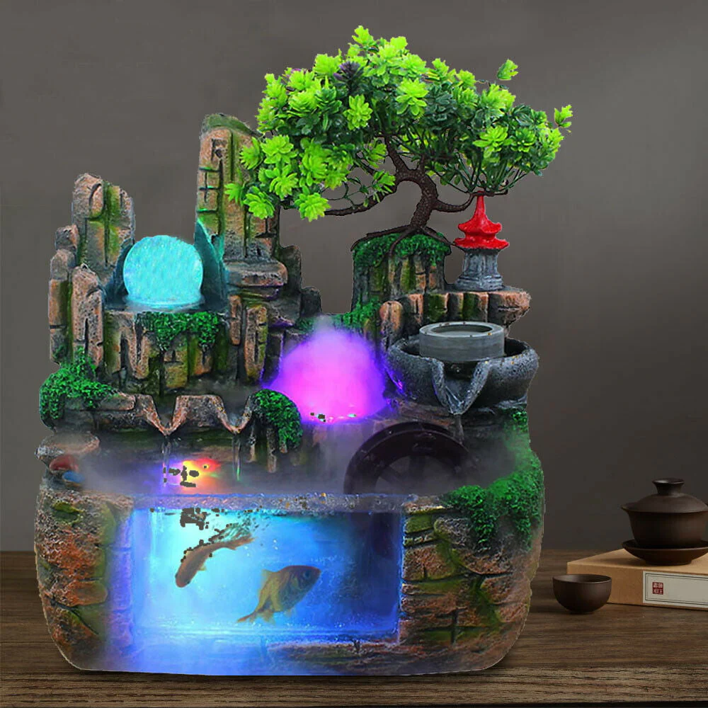 OUKANING Indoor Rockery Fountain Waterfall Feng Shui Water Fountain Home Office Desktop