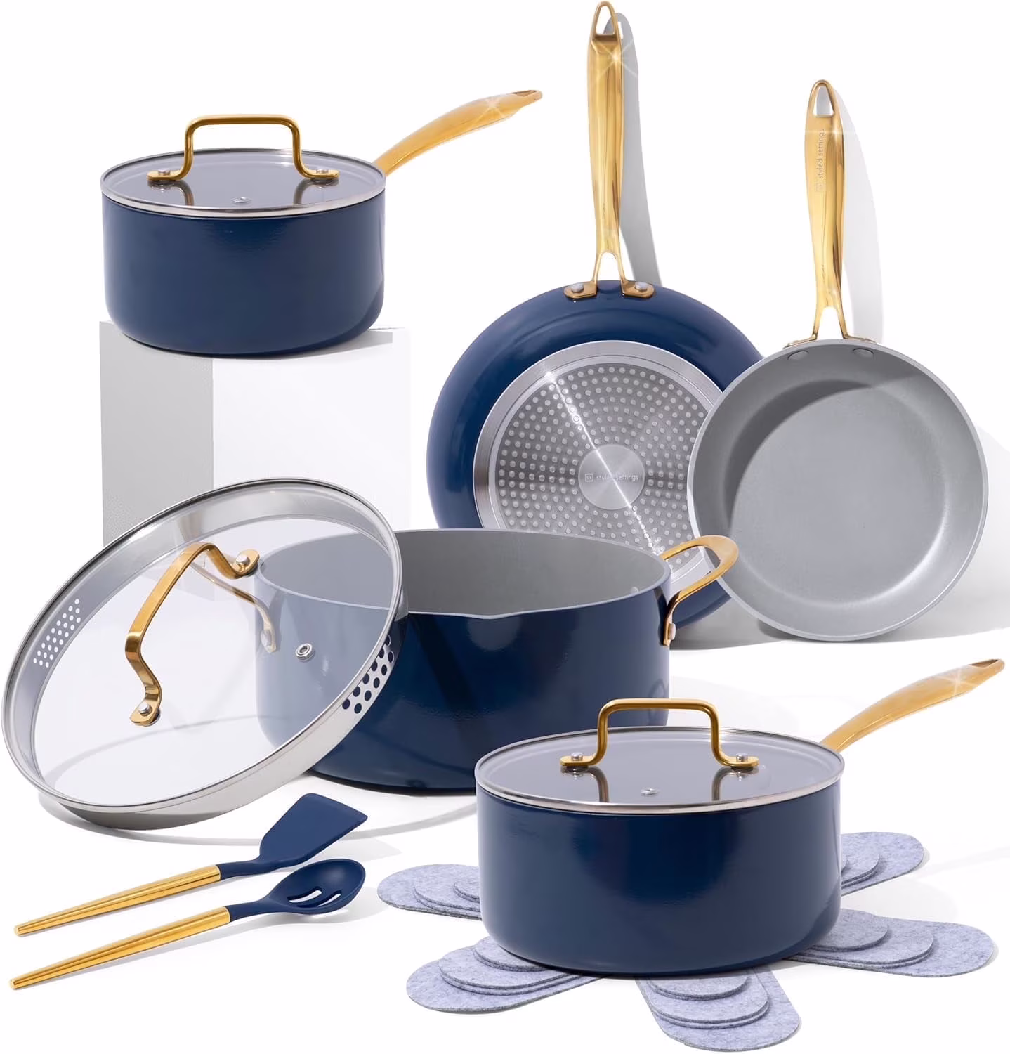Styled Settings White Pots and Pans Set Nonstick-15 Piece Luxe White Cookware Set Non Toxic,Oven Safe,Induction Safe Cooking Pot with Strainer Lid,Gold Cooking Utensils,Gold Pots & Pans��