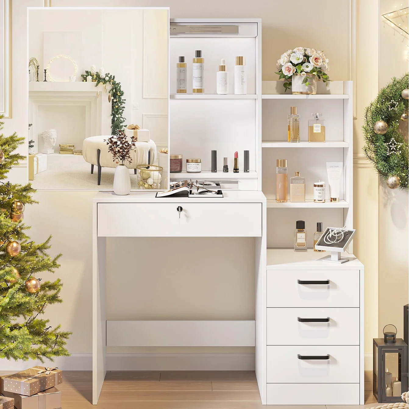 Fenbeli Vanity Set with Mirror and Lights, Makeup Vanity with 3 Drawers, Vanity Desk for Girls, Women, White