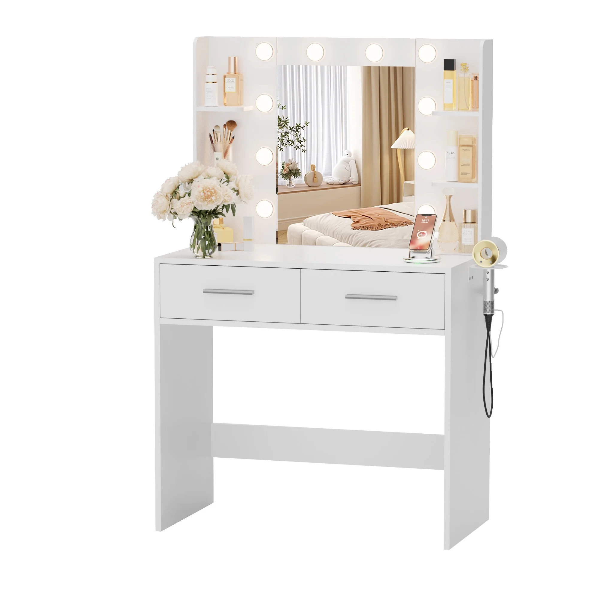 Furmax Makeup Vanity Table and Chair Set with 3 Modes Adjustable Lights and Mirror Vanity Desk with Shelves and Drawer, White