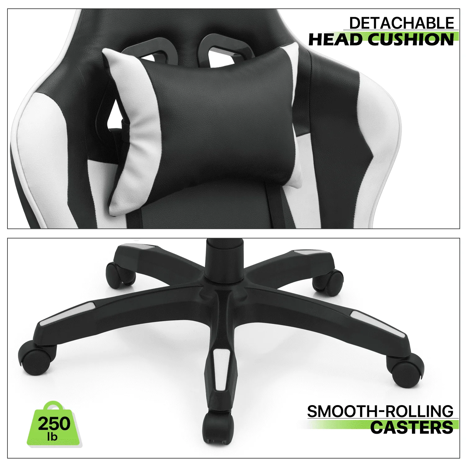 Magshion Rolling Gaming Chair, Adjustable Faux Leather Computer Seat with Lumbar Support for Adults Teens Desk Chair, White