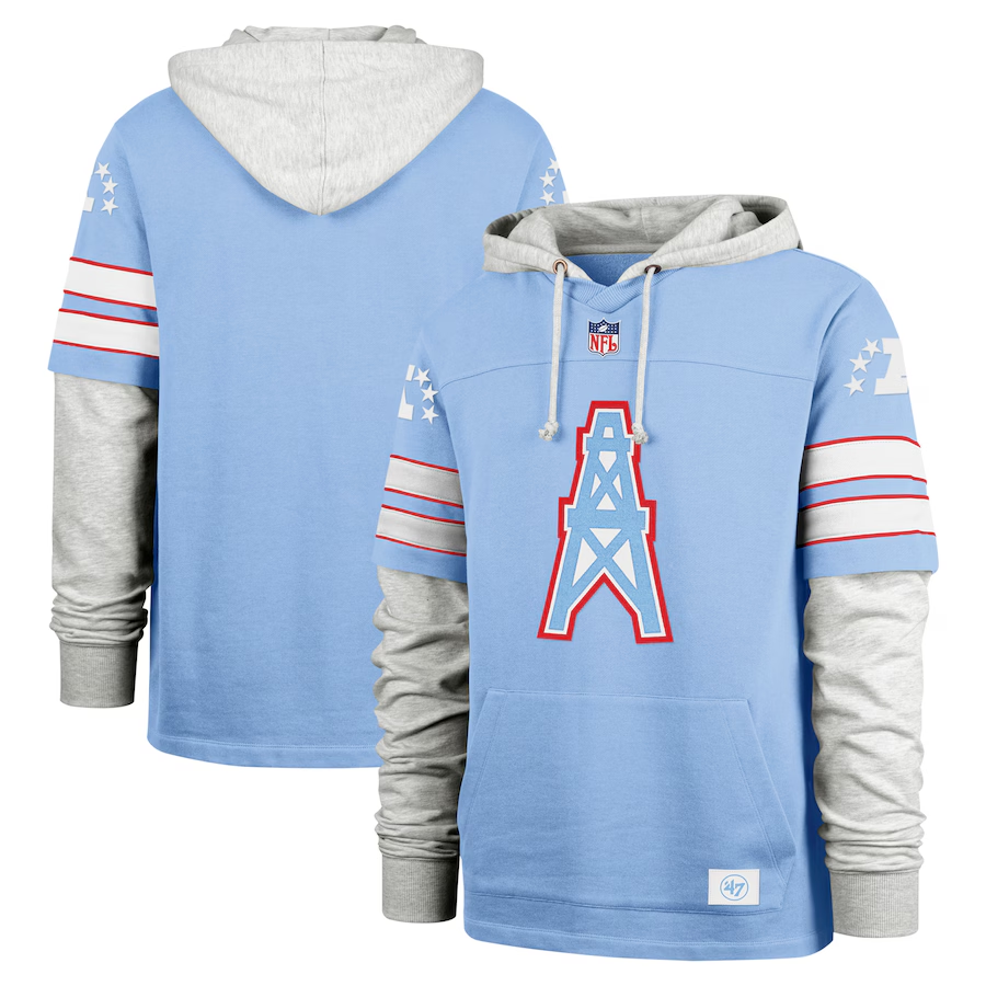 Men's Houston Oilers '47 Light Blue Gridiron Classics Double Header Blitz Cornerback Pullover Hoodie