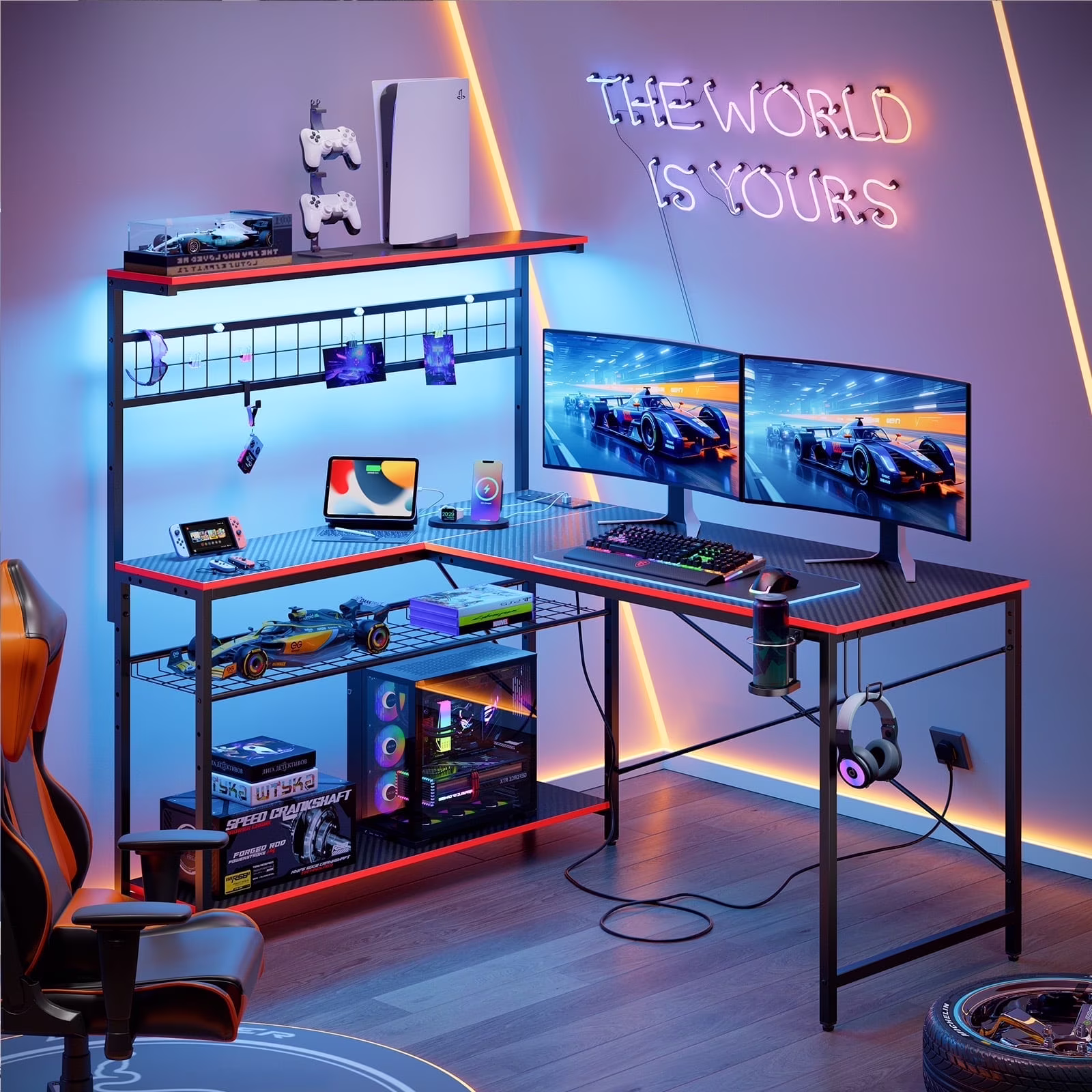 Bestier 51 L Shaped Gaming Desk with Power Outlets & LED Light, Computer Desk with 4 Tiers Shelves for Home Office, Reversible Gamer Table with Hooks and Cup Holder, Carbon Fiber