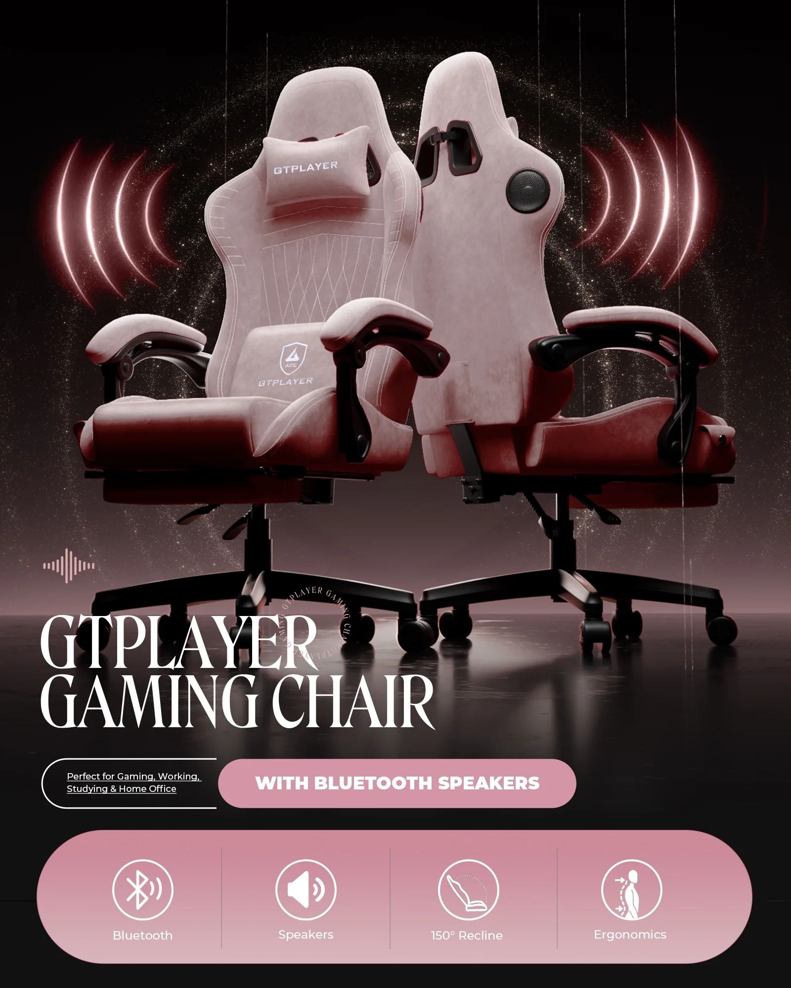 GTPLAYER Gaming Chair with Speakers, Video Game Chairs with Footrest, PC Gamer Chairs for Adults - Padded High Back Ergonomic Reclining Silla Gamer, Linkage Armrest, Ace Pro, Pink