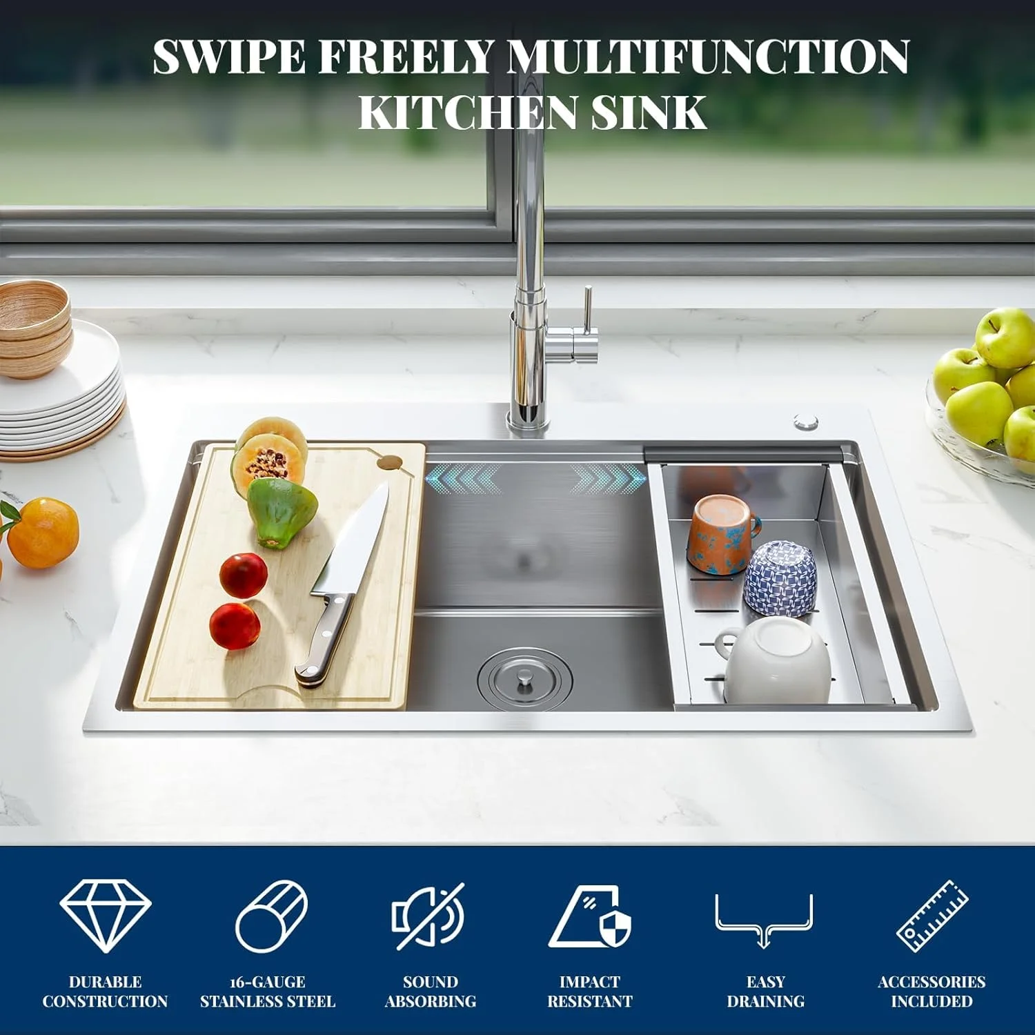Kitchen Sink,Drop in Single Bowl Stainless Steel Bar Sink with Cutting Board,Undermount Workstation Kitchen Sink with Accessories