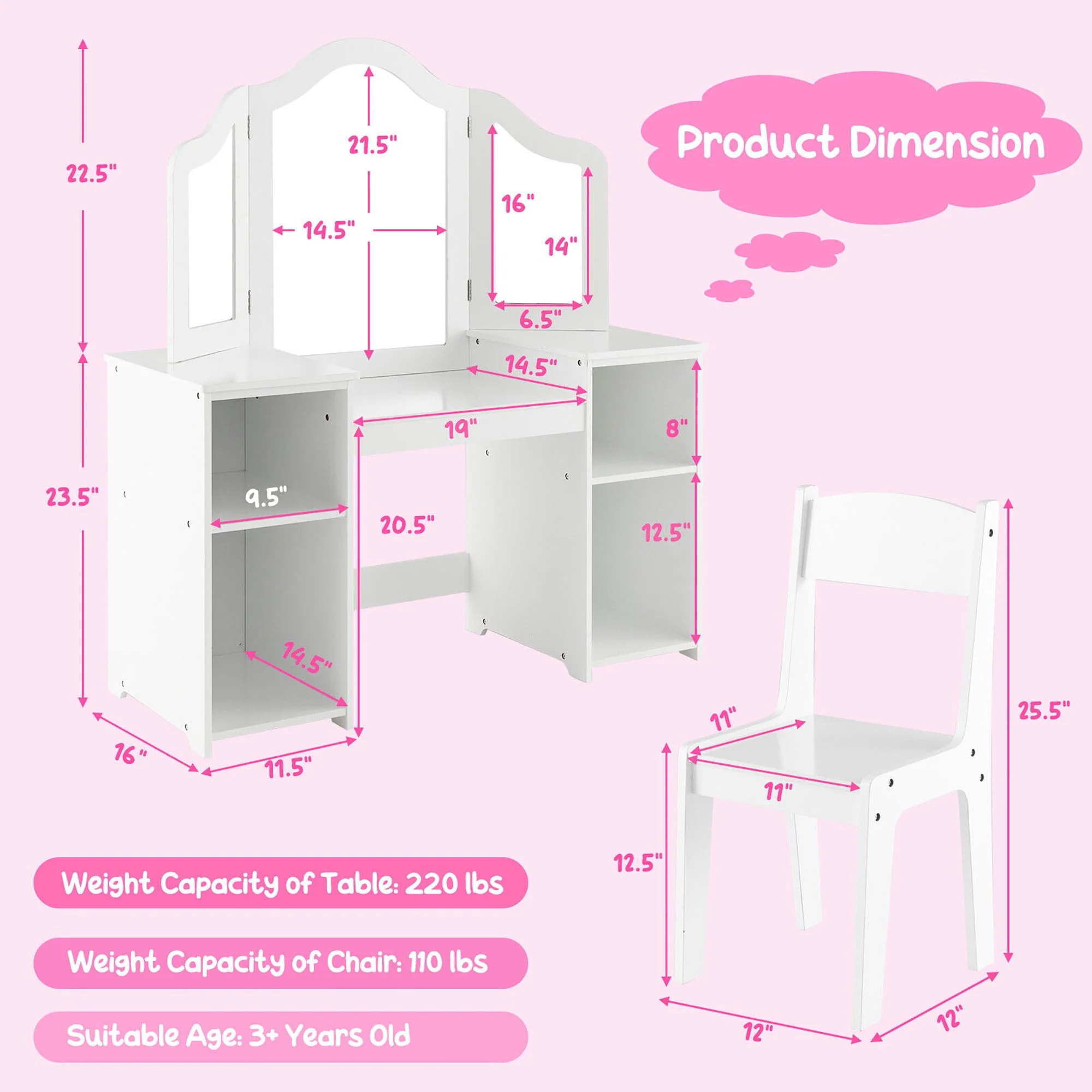 Gymax Kids Vanity 2 in 1 Princess Makeup Desk & Chair Set Safe Tri-fold Mirror White