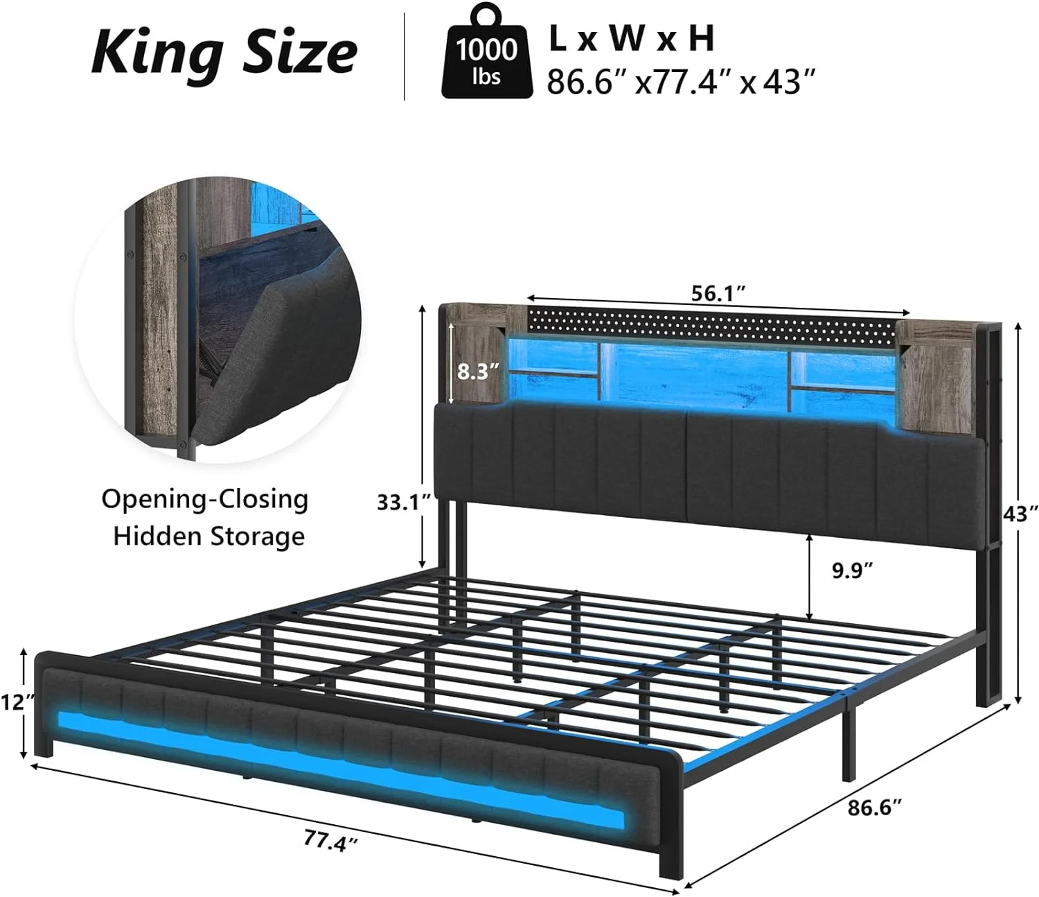 King Size Bed Frame and Bookcase Storage Headboard, LED Upholstered Bed Frame King with Charging Station, Light up King Size Platform Metal Bed Frame, No Box Spring Needed, Charcoal Gray