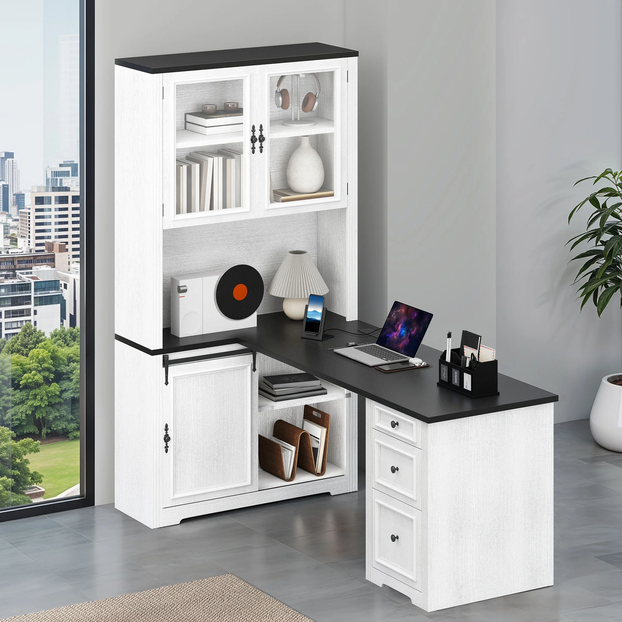 Craftian Executive Desk with Hutch, L Shape Computer Desk, Wood Office Desk with Storage Cabinet, White