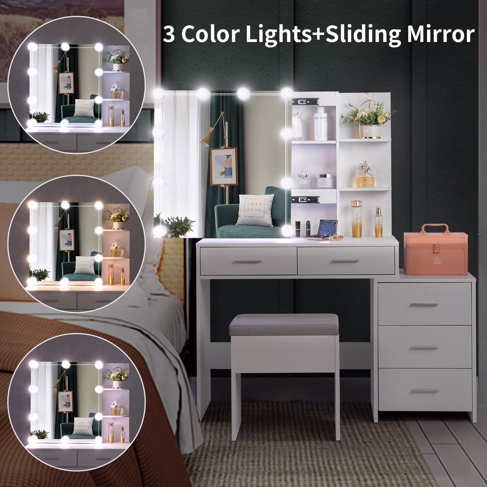 Ktaxon Flutted Makeup Vanity Table Set with 5 Drawer, Dressing Table w/Charging Station, Vanity Desk for Femal Gift, White