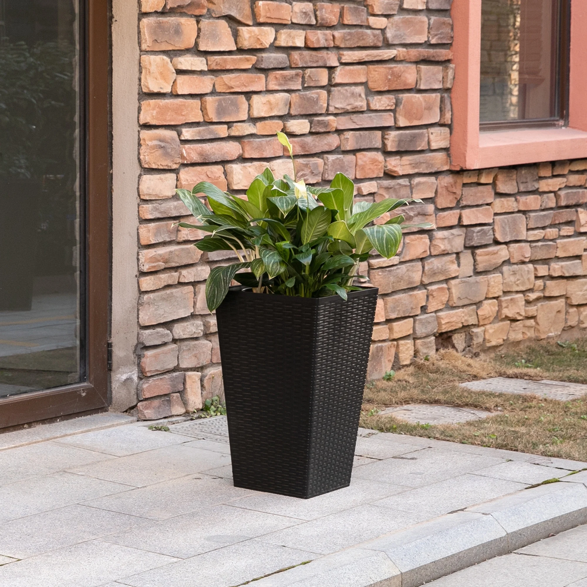 Outsunny Set of 3 Tall Planters with Drainage Hole, Outdoor Flower Plant Pots, Indoor Planters for Porch, Front Door, Entryway, Patio and Deck, Black