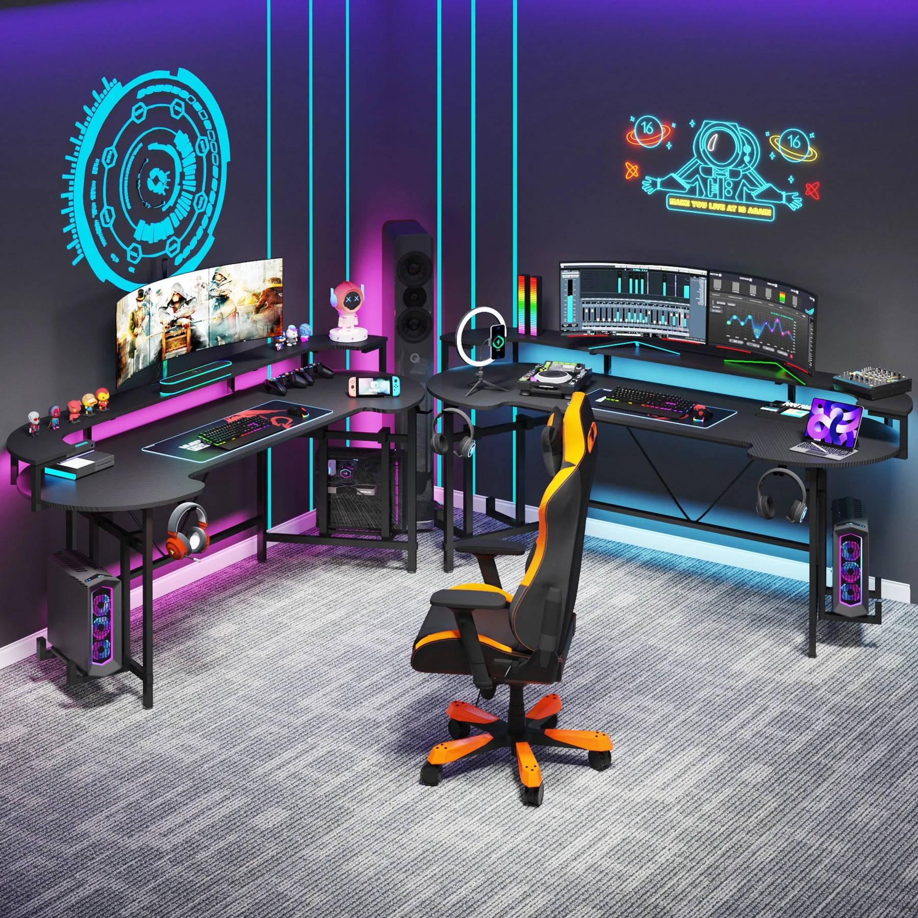 Tribesigns Gaming Desk with Monitor Shelf, 75 inch PC Computer Desk with LED Strip, Carbon Fiber Surface Gaming Table Gamer Workstation for Bedroom, Home Office, Black
