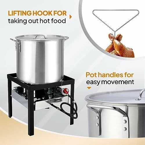 60QT Turkey Fryer & Crawfish Boiler / 150,000 BTU Propane Burner Set, Aluminum Seafood Boil Pot /Basket, Crab Boil Pot, Crab Steaming, Outdoor Cooking Deep Fryer / 10 PSI Regulator & Hose