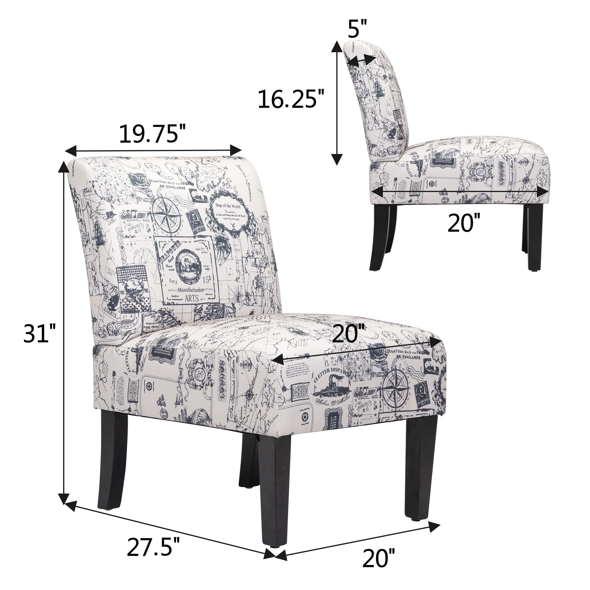Jaxpety Armless Accent Leisure Chair, Slipper Chair Upholstered Single Sofa, Gray Letter Print