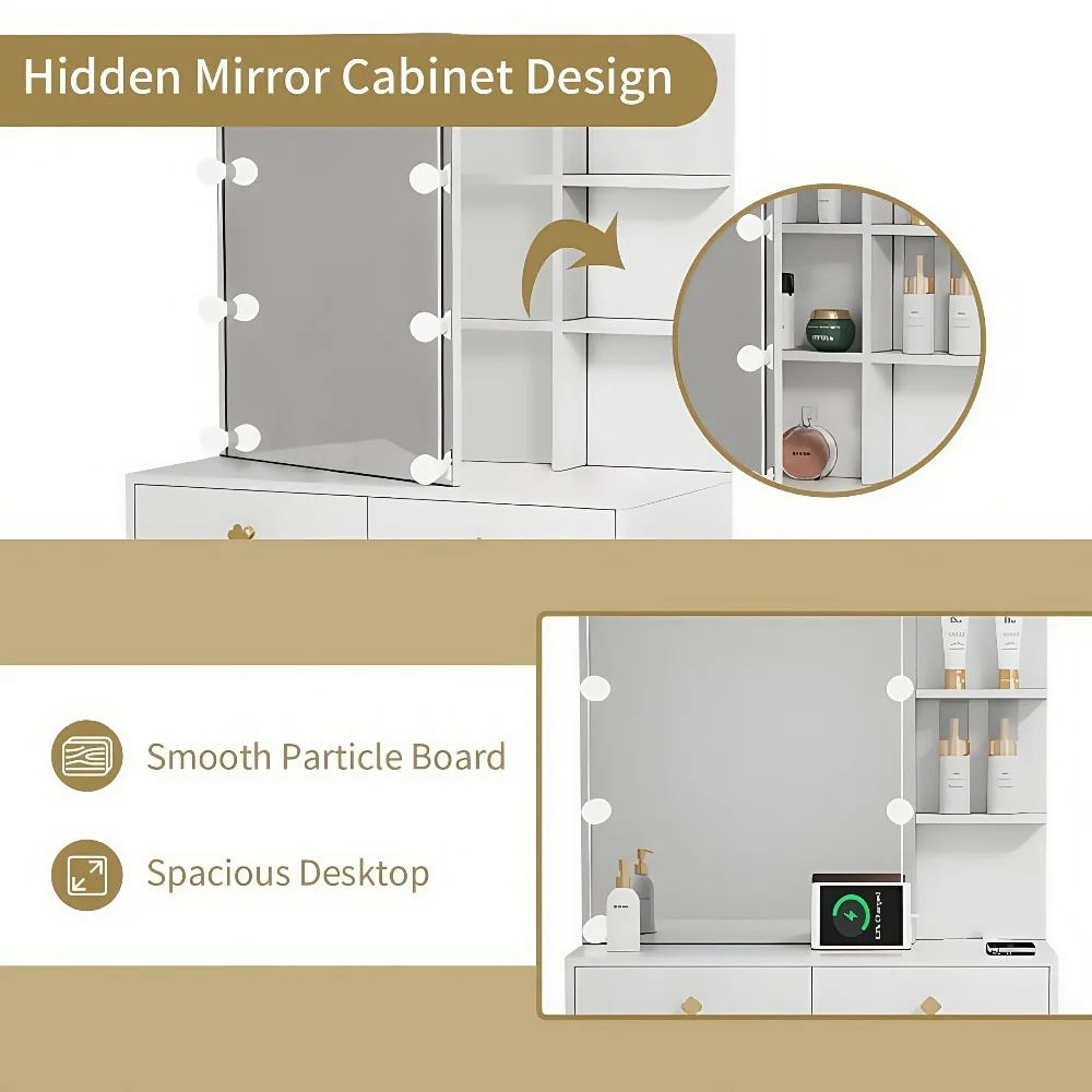 Tcbosik Makeup Vanity with LED Mirror & Charging Station, Vanity Desk with Ample Storage Space, Dressing Table with Shelves and 5 Drawers for Bedroom, White