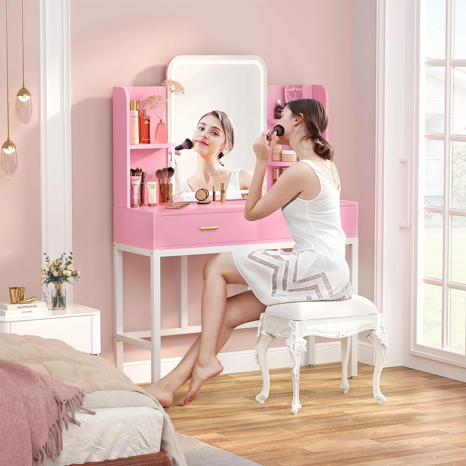 iSunirm Vanity Desk with Mirror and Lights, Makeup Vanity with 2 Drawers, Vanity Table Set with 3 Color Adjustable Lighting Options, Modern Dressing Table with Shelf, for Bedroom, Pink