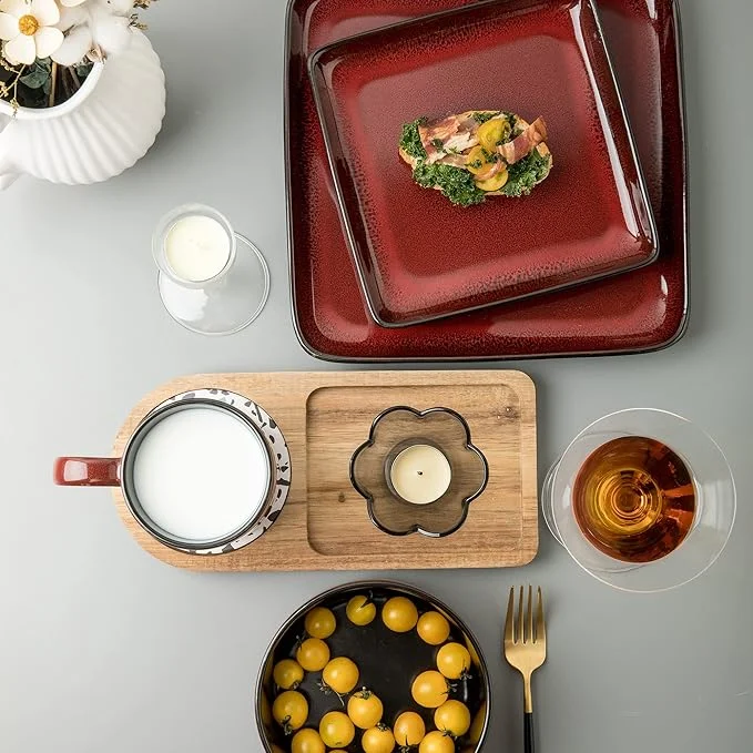 Square Stoneware 16pc Dinnerware Set for 4, Dinner Plates, Side Plates, Cereal Bowls, Mugs - Reactive Glaze Red