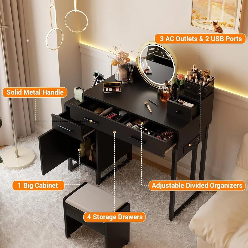 Vanity Desk With 4 Drawers and Cabinet, Makeup Vanity Table With Charge Station Socket, Small Space Makeup Bedside Cupboard, Gift for Her Choice, Suit for Apartment/Dorm/Bedroom, Cute Pink