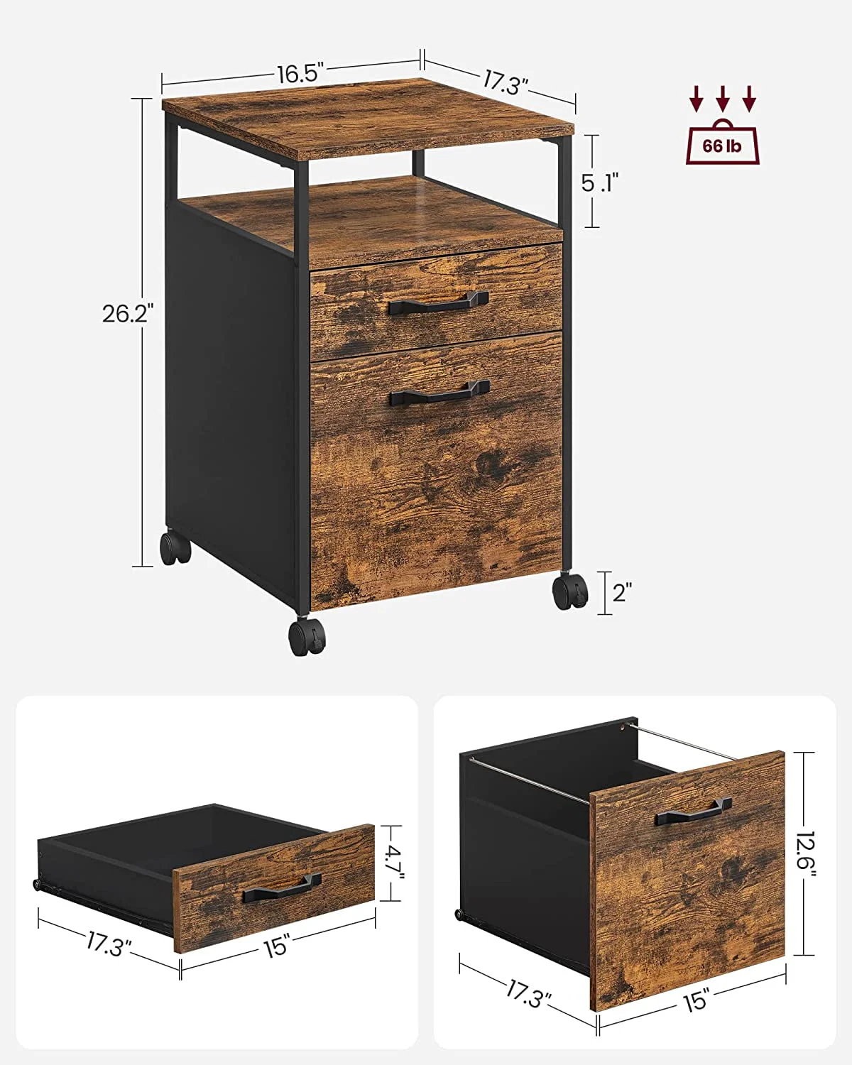 VASAGLE File Cabinet Mobile Filing Cabinet with Wheels 2 Drawers Open Shelf for Office Rustic Brown and Black