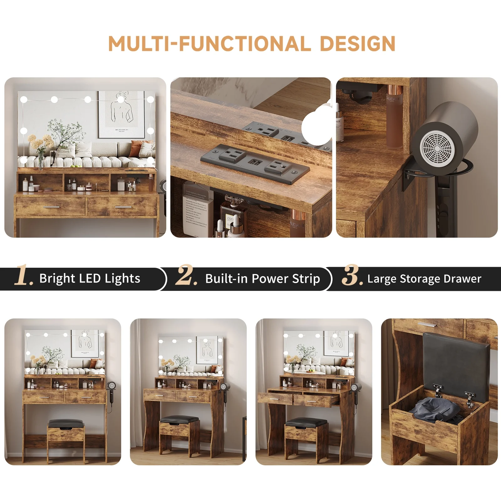 Modern Vanity Table Set with Lighted Mirror,Makeup Table with 2 Drawers & Power Strip,Dresser Desk for Girls, Women, White