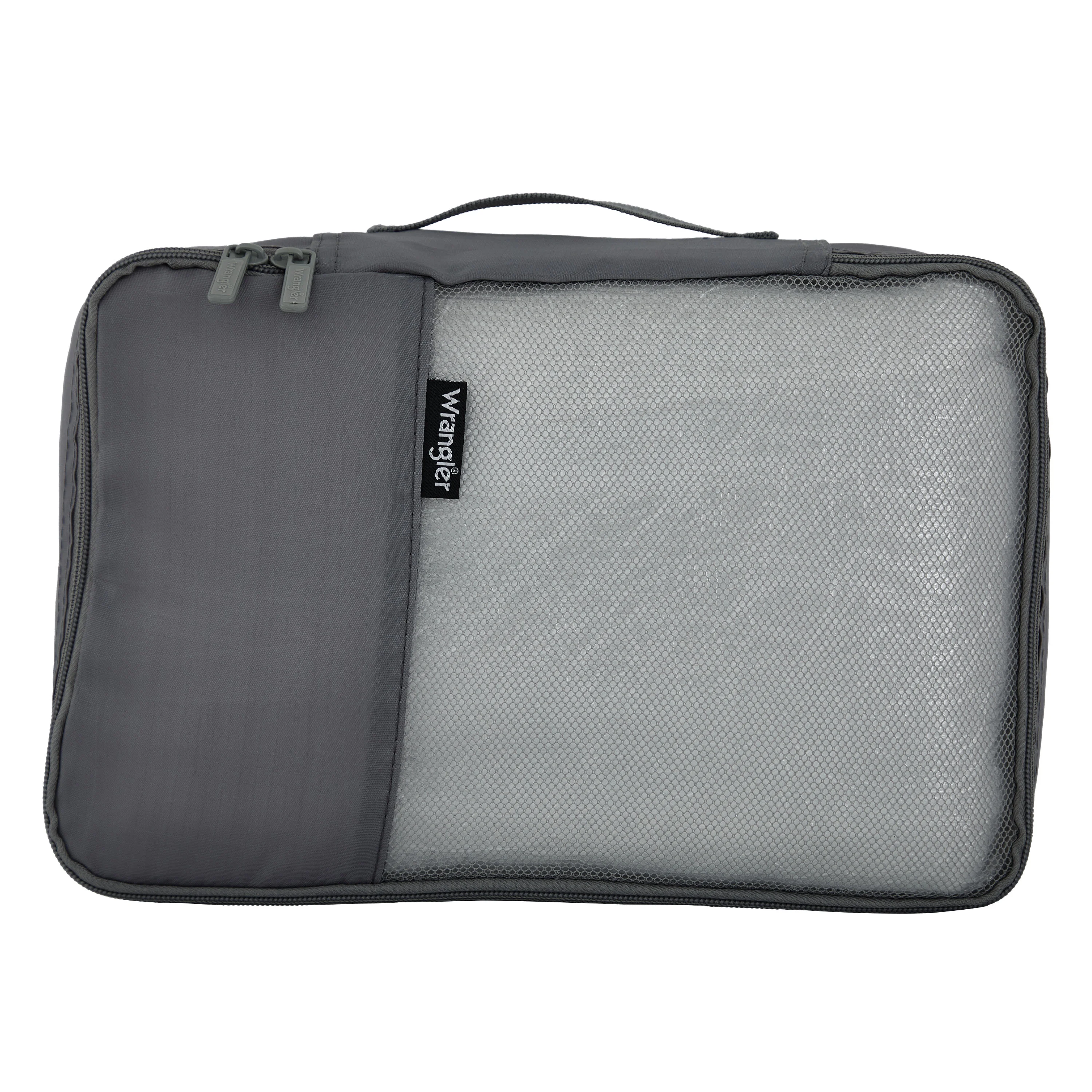 Wrangler 4 Piece Expandable Hardside Spinner Luggage Set with Packing Cubes, Sharkskin Grey