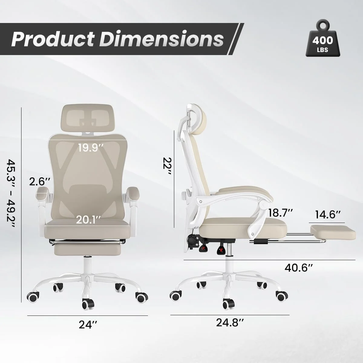 STARY Ergonomic Office Chair with Footrest, High Back Mesh Desk Chair with Adjustable Headrest & Lumbar Support, Comfortable Computer Chair for Home Office Study, White & Beige