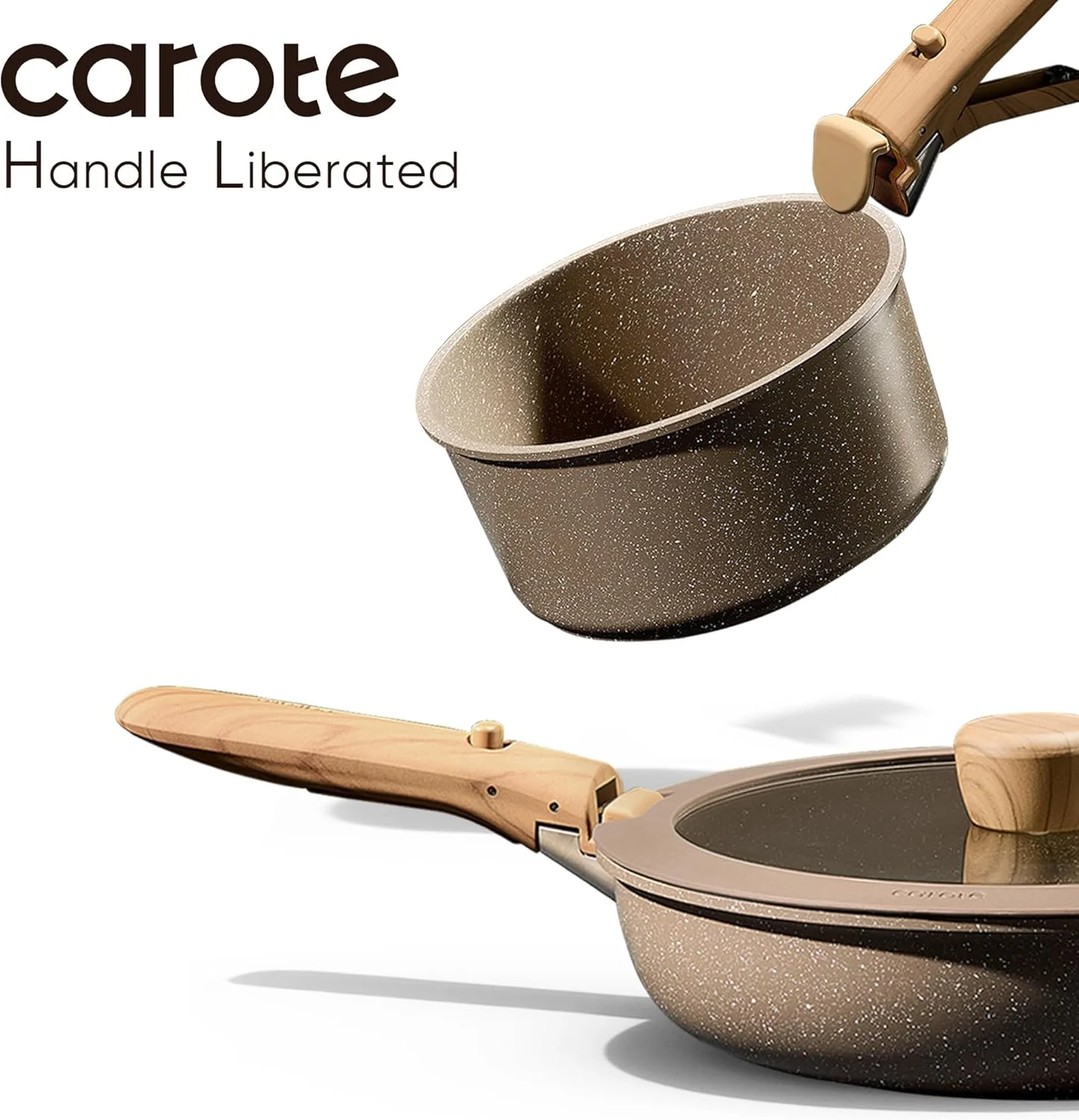 CAROTE 17-Piece Nonstick Cookware Set with Detachable Handle, Induction Compatible, Oven Safe, Brown Pots and Pans for Kitchen & RV