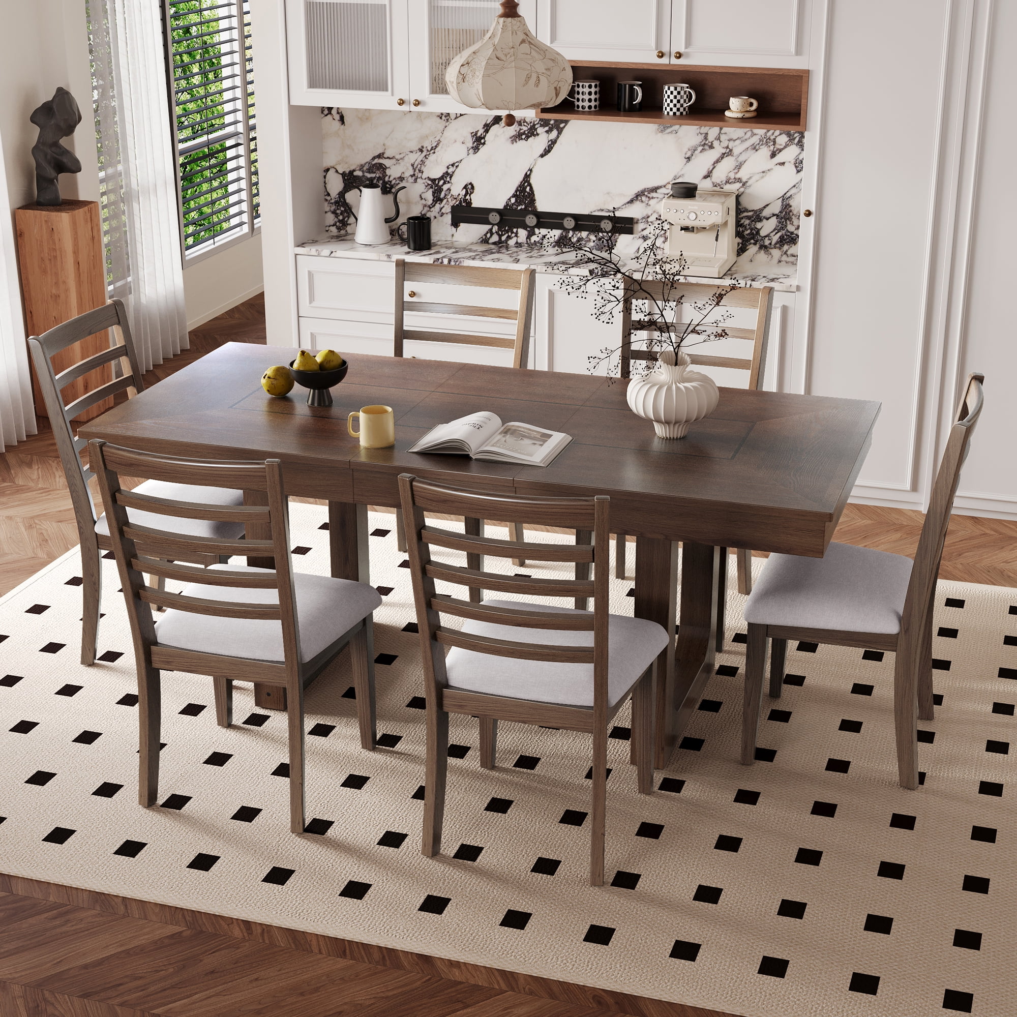 Harper & Bright Designs Farmhouse Extendable Dining Table Set for 6, 7 Pieces Rectangle Dining Table with 6 Upholstered Chairs, Wood Expanding Kitchen Table Set for Dining Room, Brown