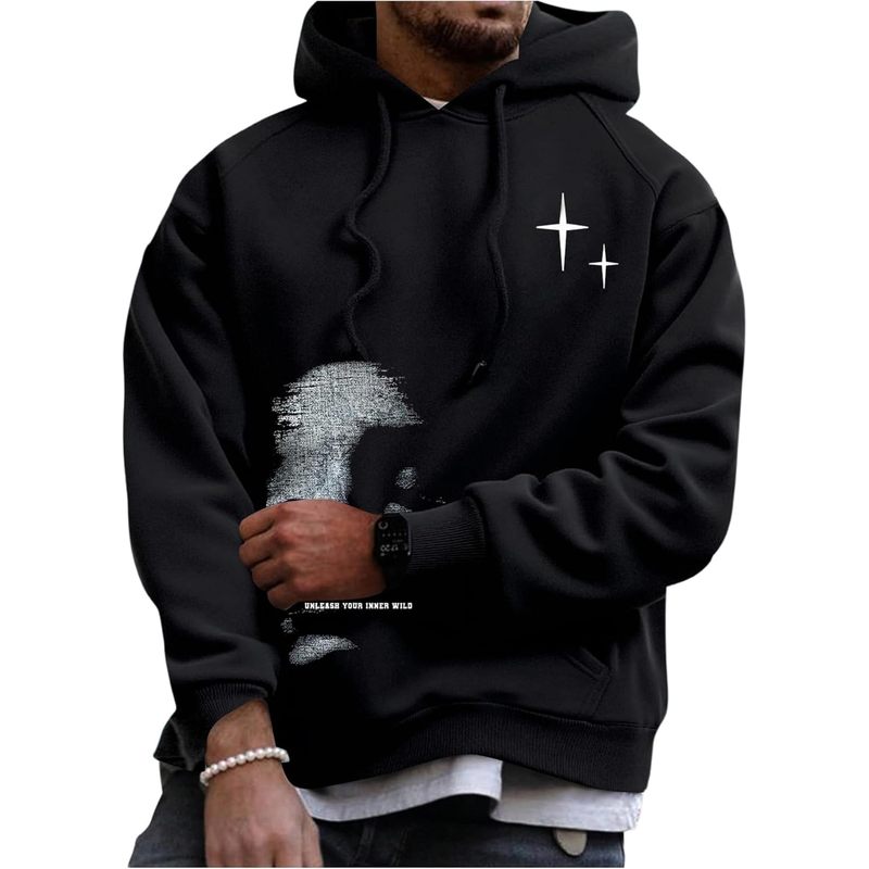Men's Graphic Print Long Sleeve Drawstring Hoodie Pullover Sweatshirt