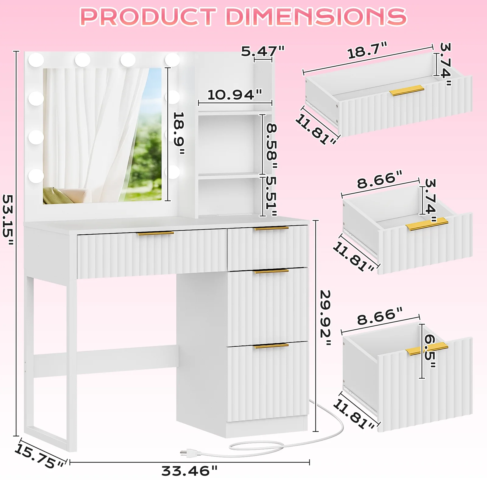 Ktaxon Vanity Set with 3 Color Lighted Mirror, Makeup Table with 3 Storage Shelves & Drawers, Dressing Table Makeup Desk with Stool,White