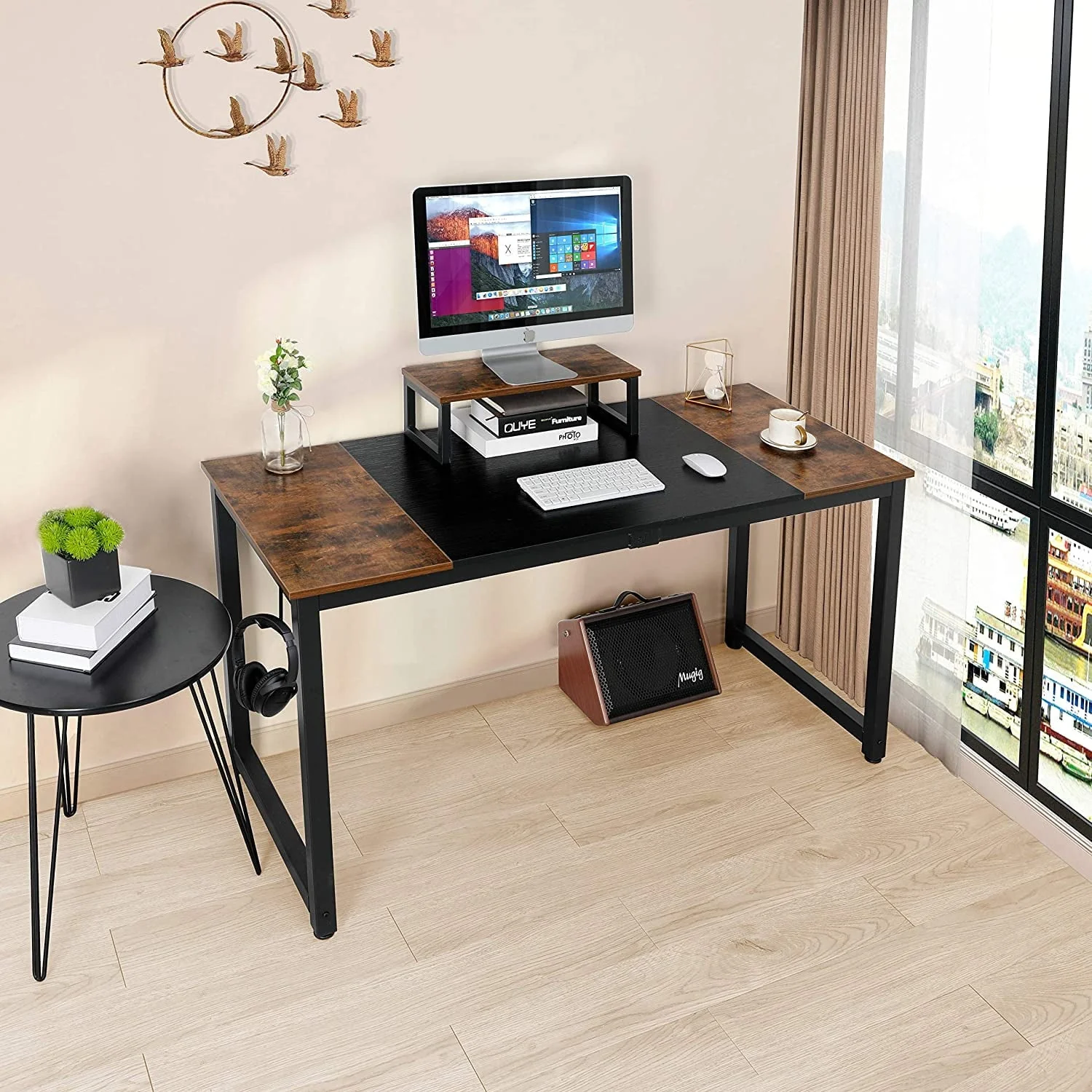 Arlopu 55'' Computer Desk with Monitor Stand, Home Office Desk, Sturdy Writing Study Table PC Laptop Table with Headphone Hook