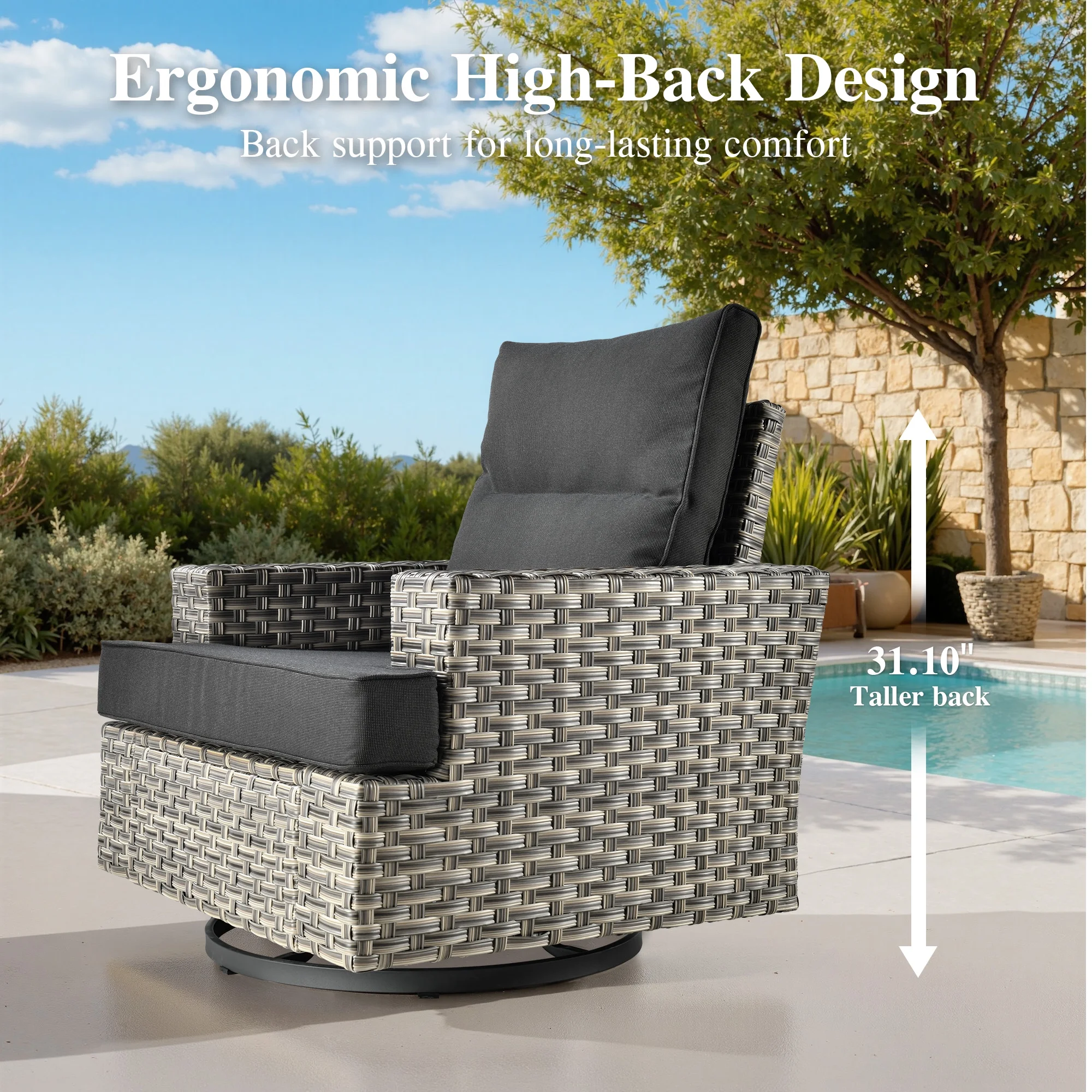 Ovios 10 Pieces Outdoor Patio Furniture Modern High-Back All-Weather Wicker Sectional Conversation Set with Propane Fire Pit Table & Swivel Chair, Dark Gray