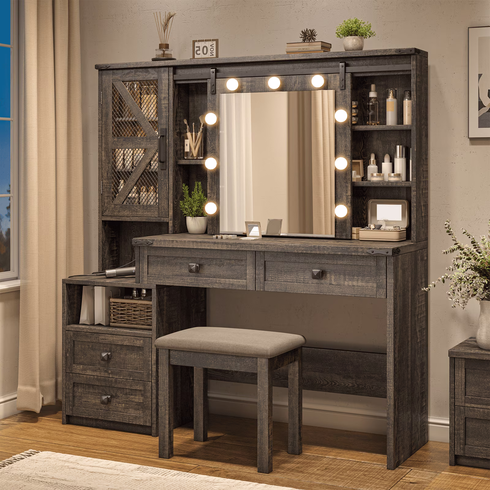 EnHomee Makeup Vanity Desk with Lighted Mirror Large Vanity with 4 Drawers Farmhouse Vanity Set with Mirror and Lights,White