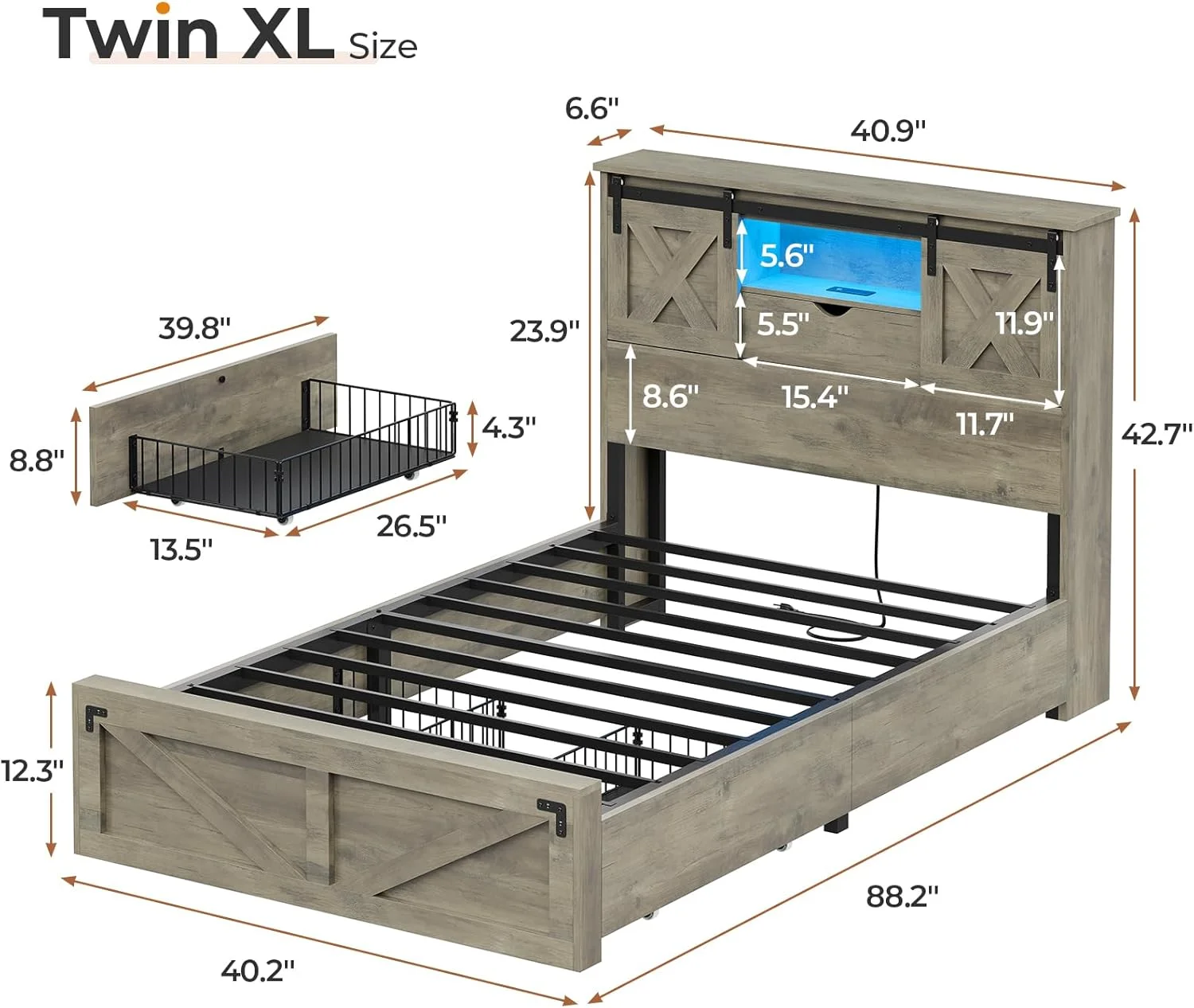 Twin XL Size Bed Frame with Headboard and Drawers, Farmhouse Twin XL Platform Bed Frame with LED Lights and Charging Station, No Box Spring Needed,Gray