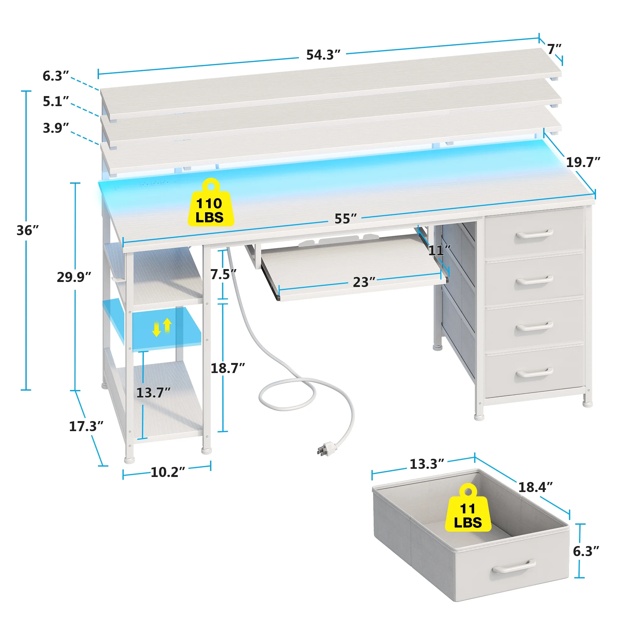 55 inch Office Desk with Power Outlet and Adjustable Monitor Stand, Computer Desk with Fabric Drawer and Keyboard Tray, Gaming Desk with LED Light & PC Stand, Vintage