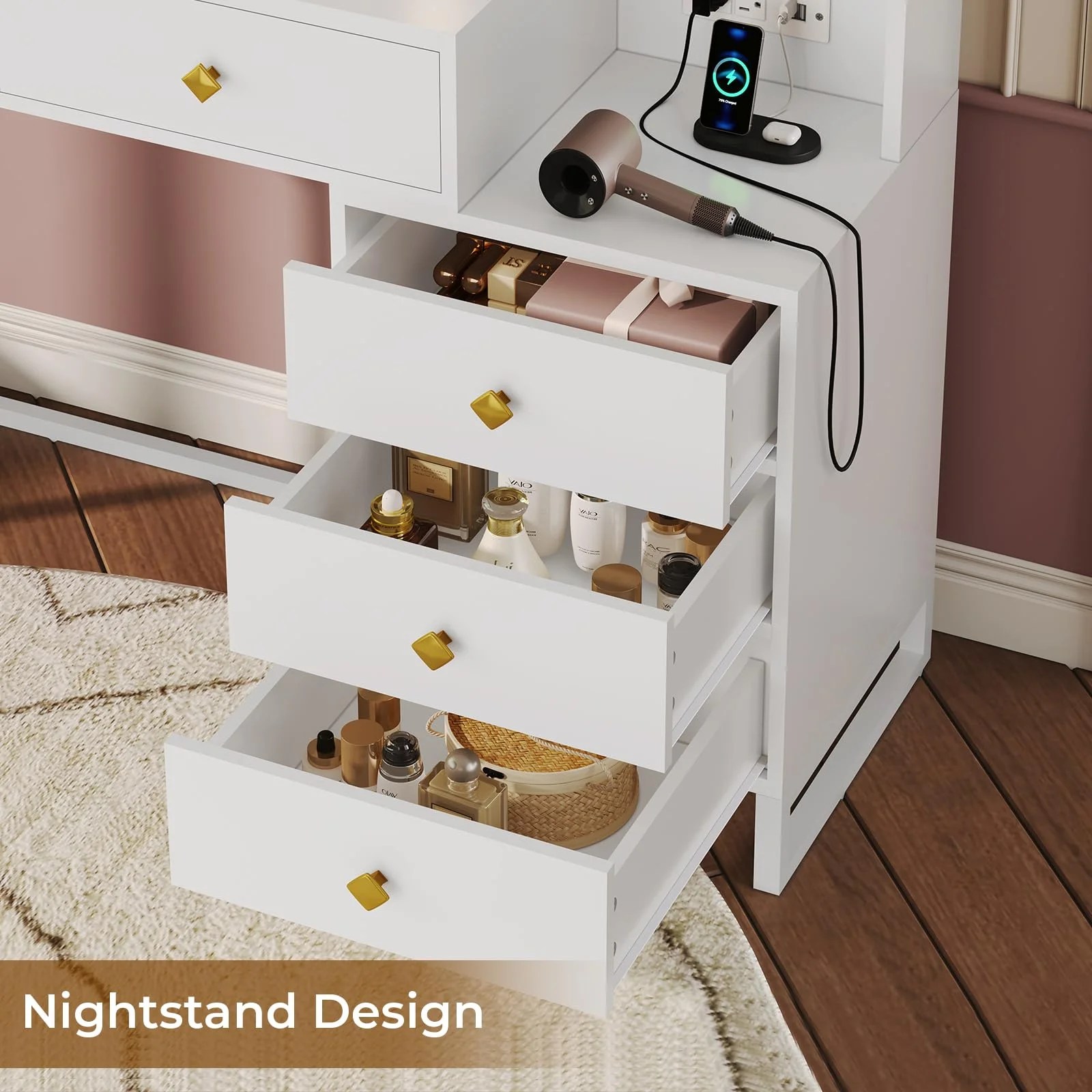 Vanity Desk with LED Lighted Mirror, Makeup Desk with 5 Storage Drawers & 6 Shelves, Vanity Table with Charging Station, Modern Dressing Table with 3 Color Lighting Options, White