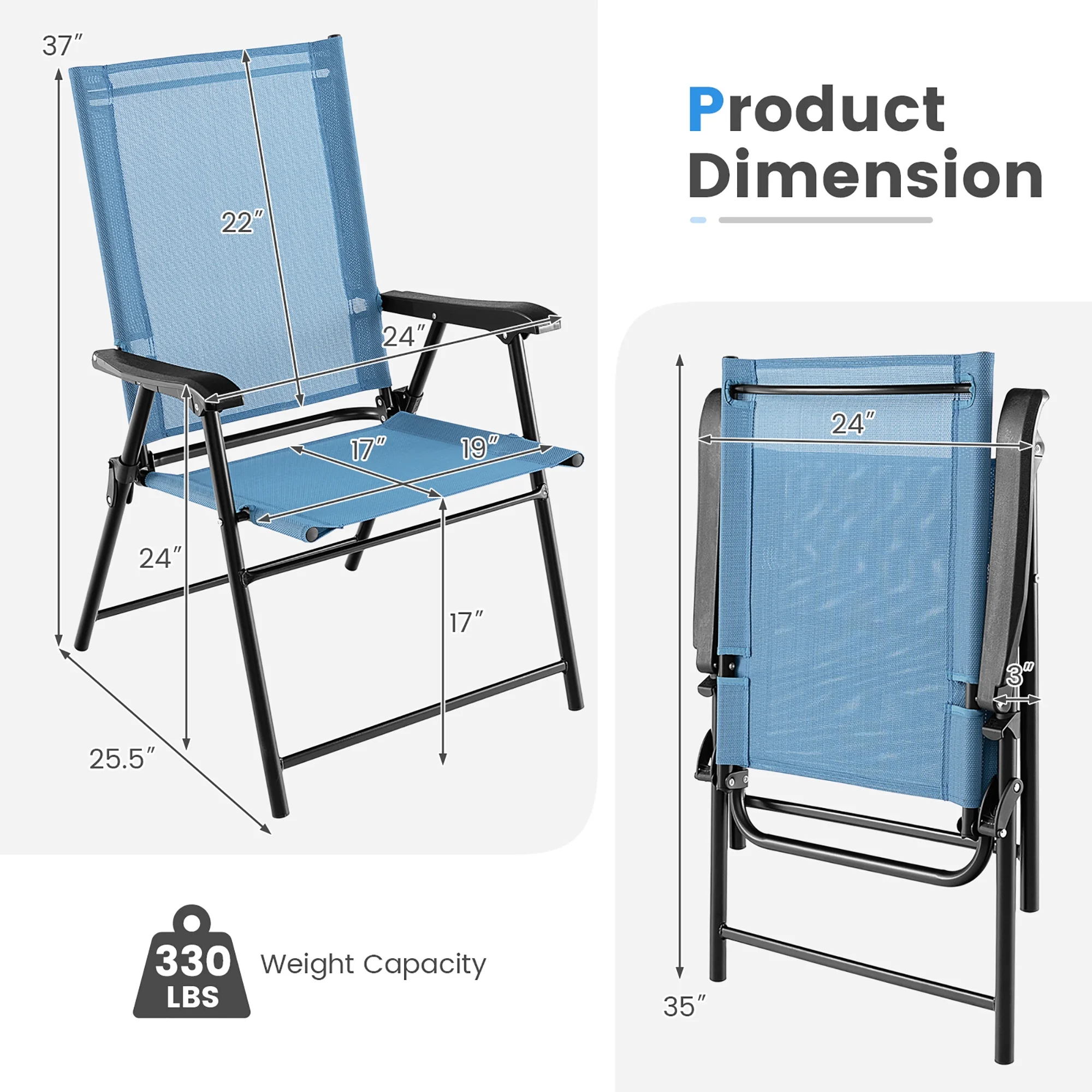 Gymax Patio Metal Camping Breathable and Rip-resistant Folding Chairs, Blue (Set of 4)