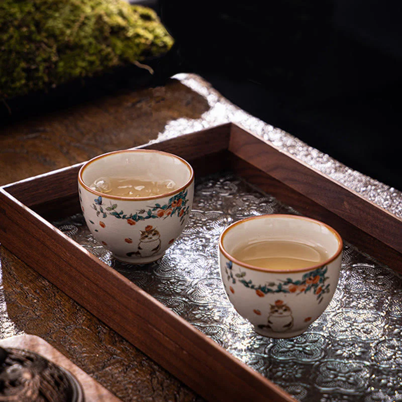 Buddha Stones Cute Cat Butterfly Teacup Kung Fu Tea Cup