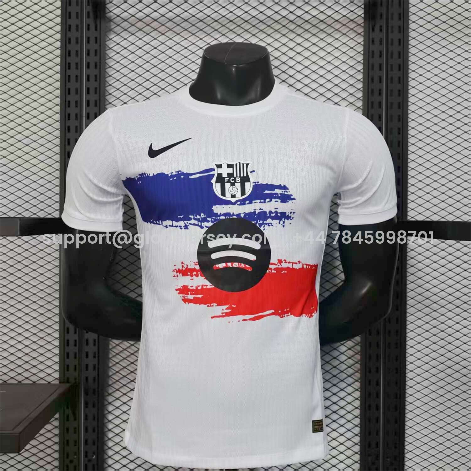 Barcelona 25-26 White Jersey with Red Blue Ink Horizontal Stripes Jersey - Player Version