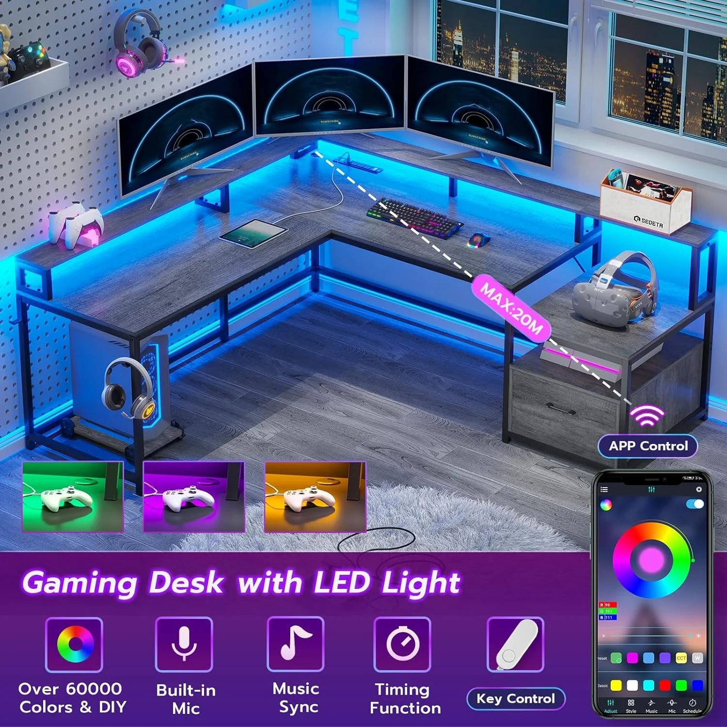 L Shaped Desk with Power Outlet and LED Lights, Corner Computer Desk with File Drawer for Home Office,  Gaming Desk,  Rustic Brown