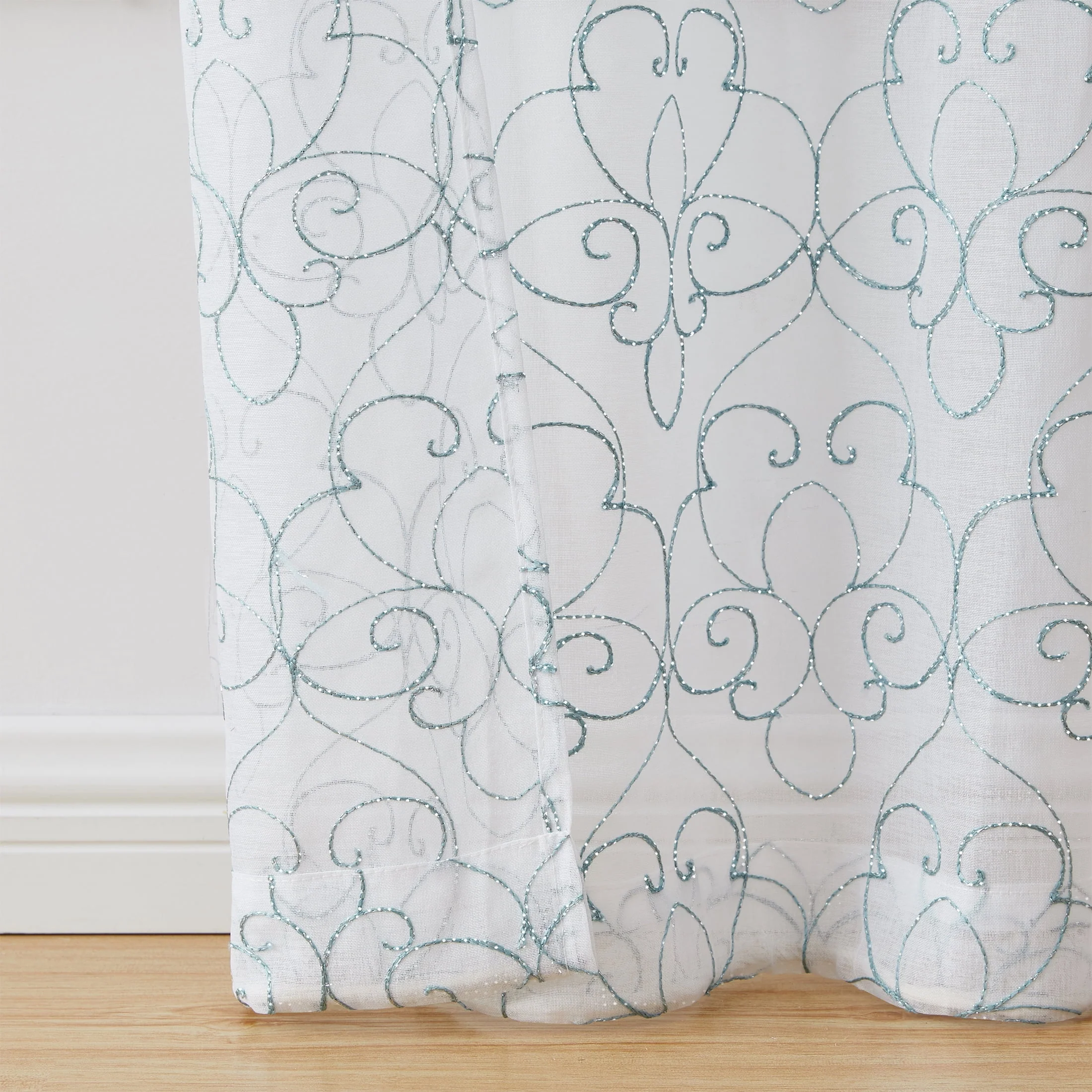 Mainstays Modern Scroll Aqua Rod Pocket Sheer Curtain Set, 28