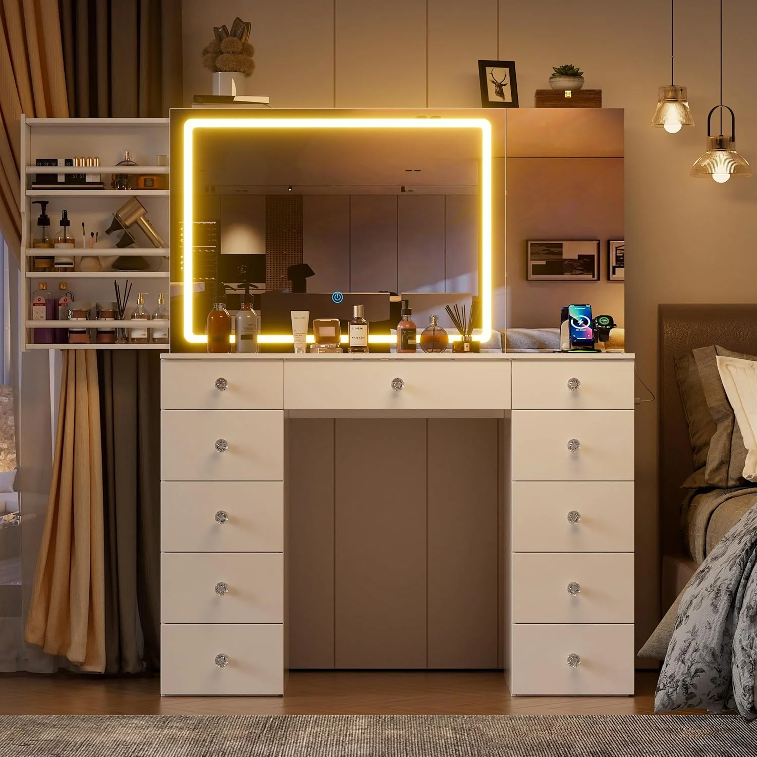 PAKASEPT Vanity Set with Lighted Mirror, Large Vanity Desk with Charging Station, Makeup Vanity Table with 11 Drawers & Hidden Sliding Storage Cabinet & Visible Glass Tabletop for Bedroom (White)
