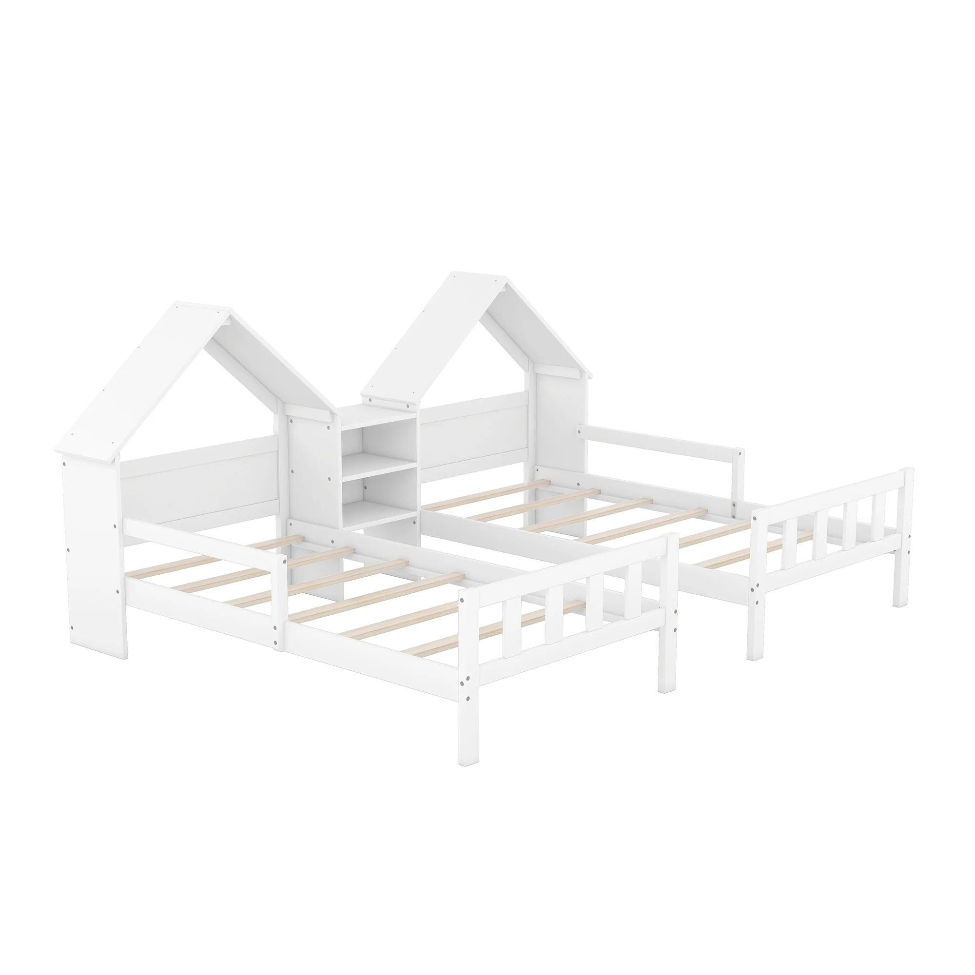 Euroco Twin Size Wood House Platform Bed, Two Beds in One with Desk and Shelf, 2 Platform Beds for More Kids Teens, Gray
