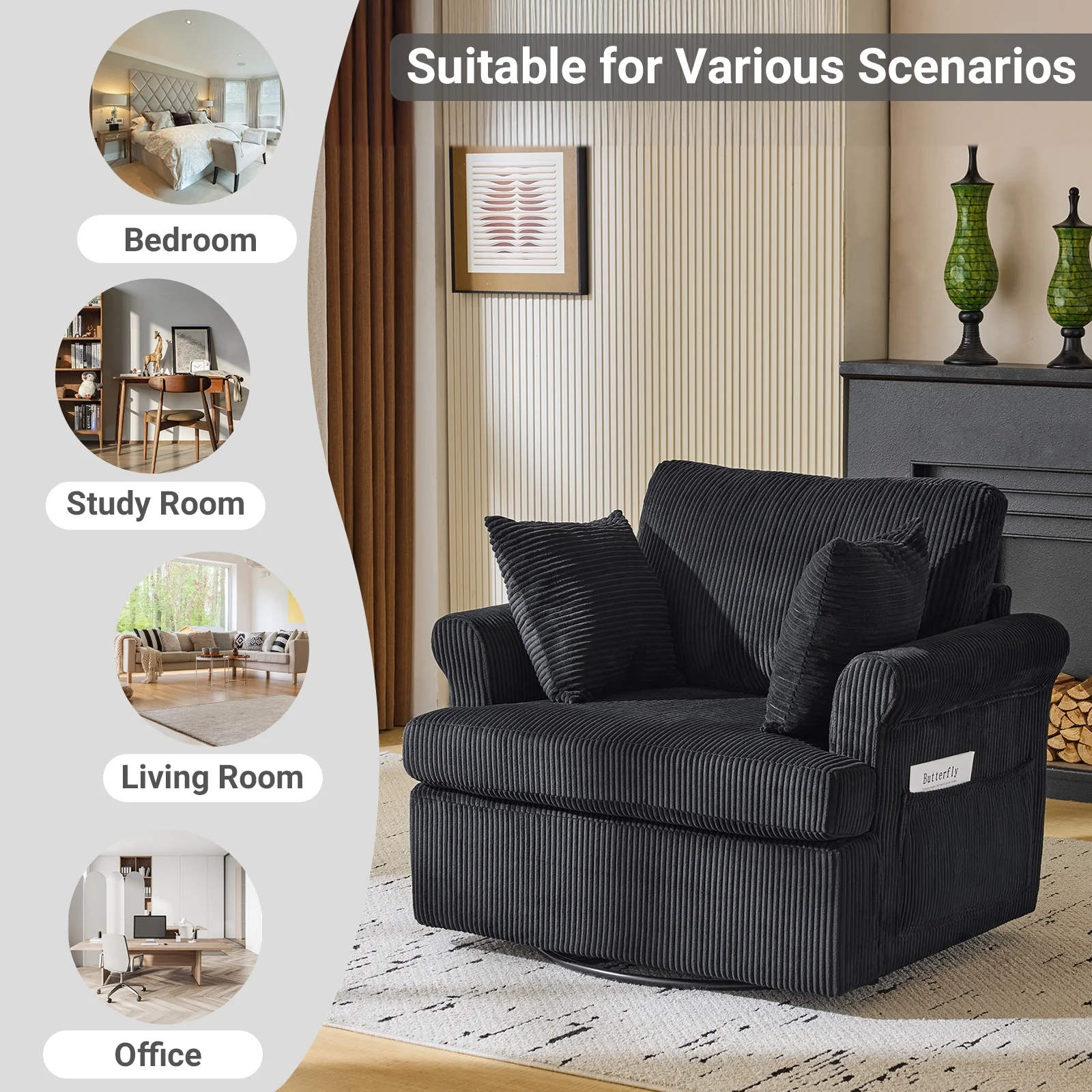 Ktaxon Swivel Accent Chair, 360-Degree Rotation Reading Chair, Corduroy Fabric Sofa with Armrest Pockets, Solid Metal Base, Perfect for Living Room Bedroom Black