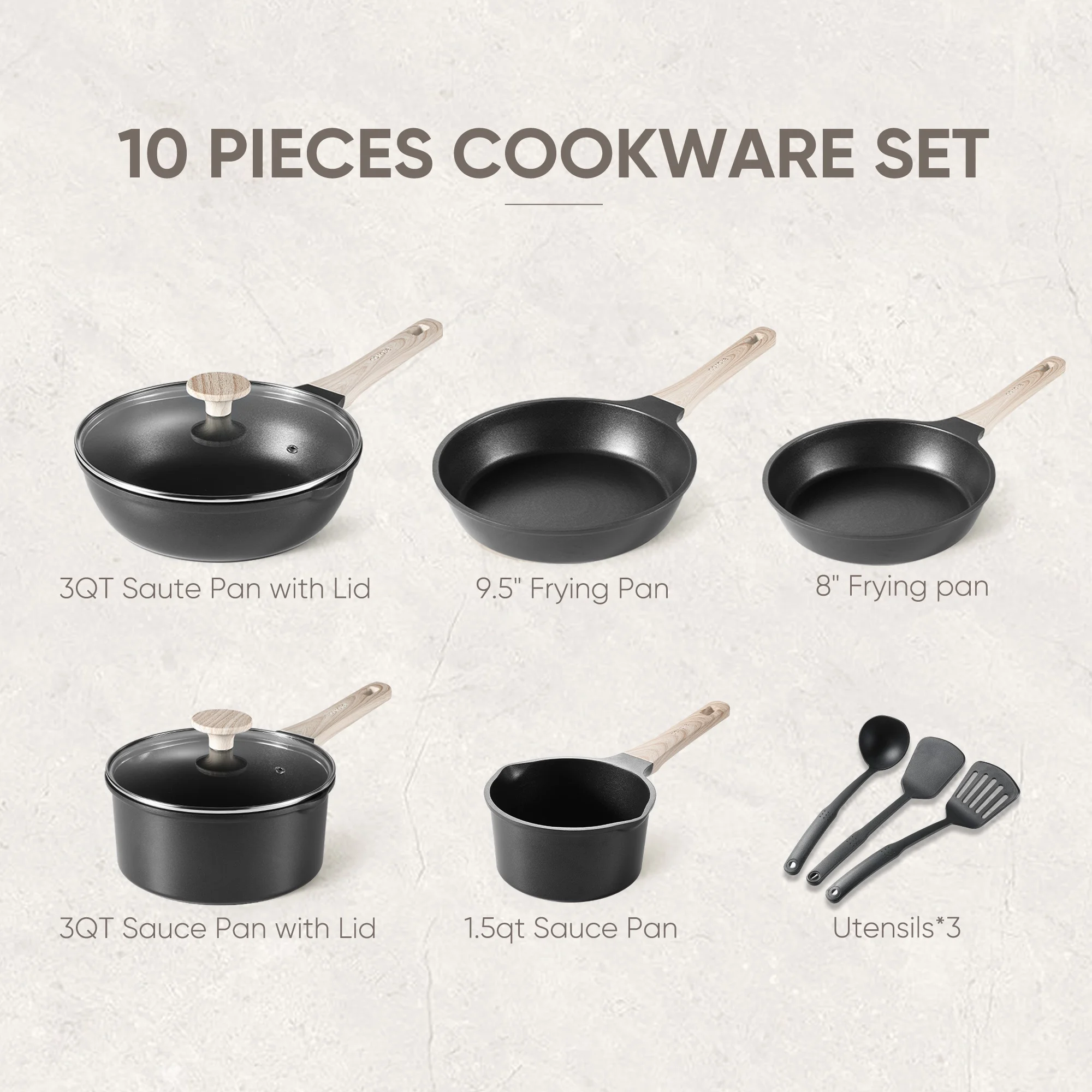 Carote Nonstick Cookware Set 10-Piece,Kitchen Pots and Pans Set,Stay-Cool Handles,Induction Compatible,Cookware Set for RV and Camping,Black