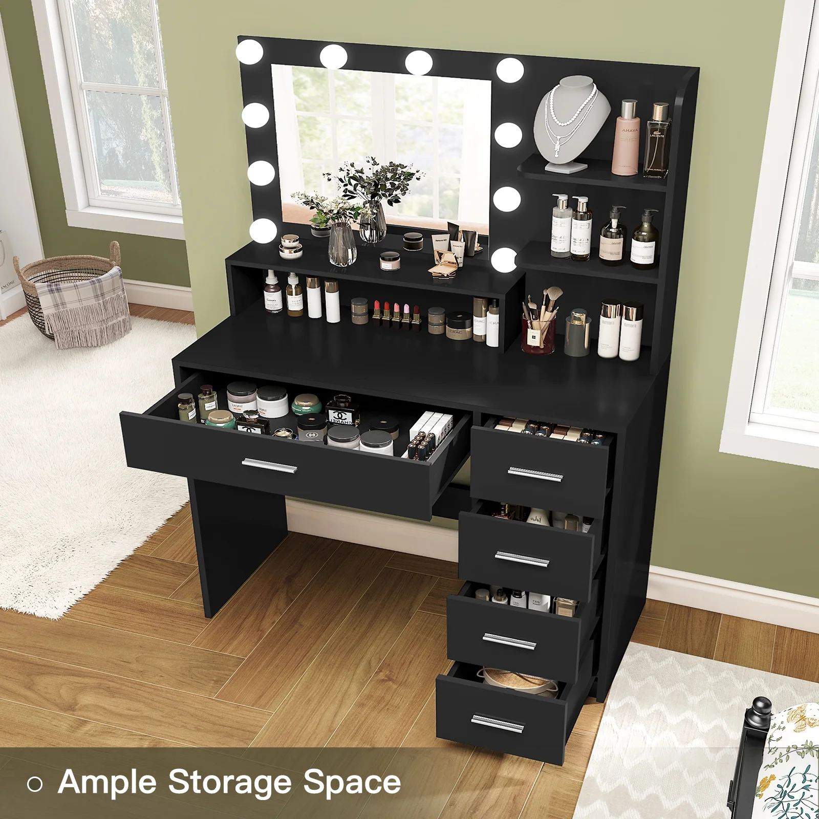Makeup Vanity Desk with Mirror & Lights, Vanity Table with 5 Drawers & Storage Shelves, Makeup Vanity , 3 Color Modes & Adjustable Brightness Dressing Table, Bedroom, White