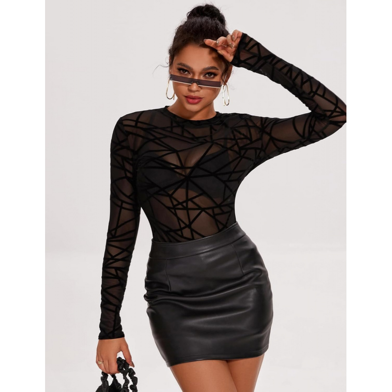 Women's Mesh Long Sleeve Tops Crew Neck Sexy