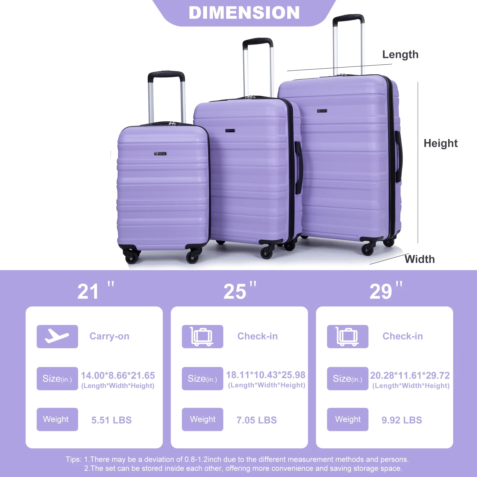 PAPROOS Hardside Luggage Set, 3 Piece 21in 25in 29in Carry on Suitcases Set with 2 Hooks and TSA Lock, Modern Lightweight Luggage Set, Hardshell Expandable Suitcase Set for Family Travel, Black
